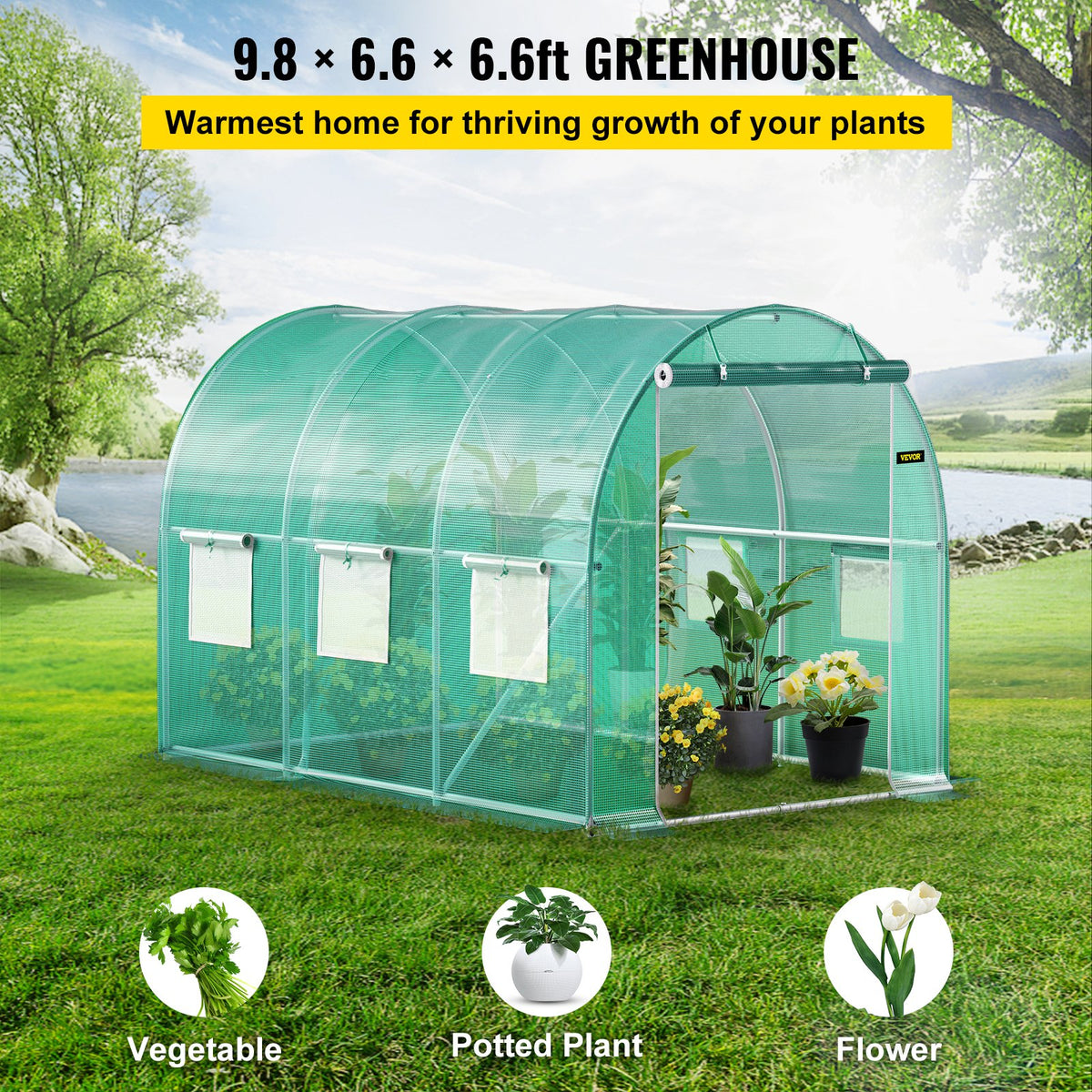 VEVOR Walk-in Tunnel Greenhouse, 304.8 x 213.4 x 213.4 cm Portable Plant Hot House w/ Galvanized Steel Hoops, 1 Top Beam, Diagonal Poles, Zippered Door & 6 Roll-up Windows, Green