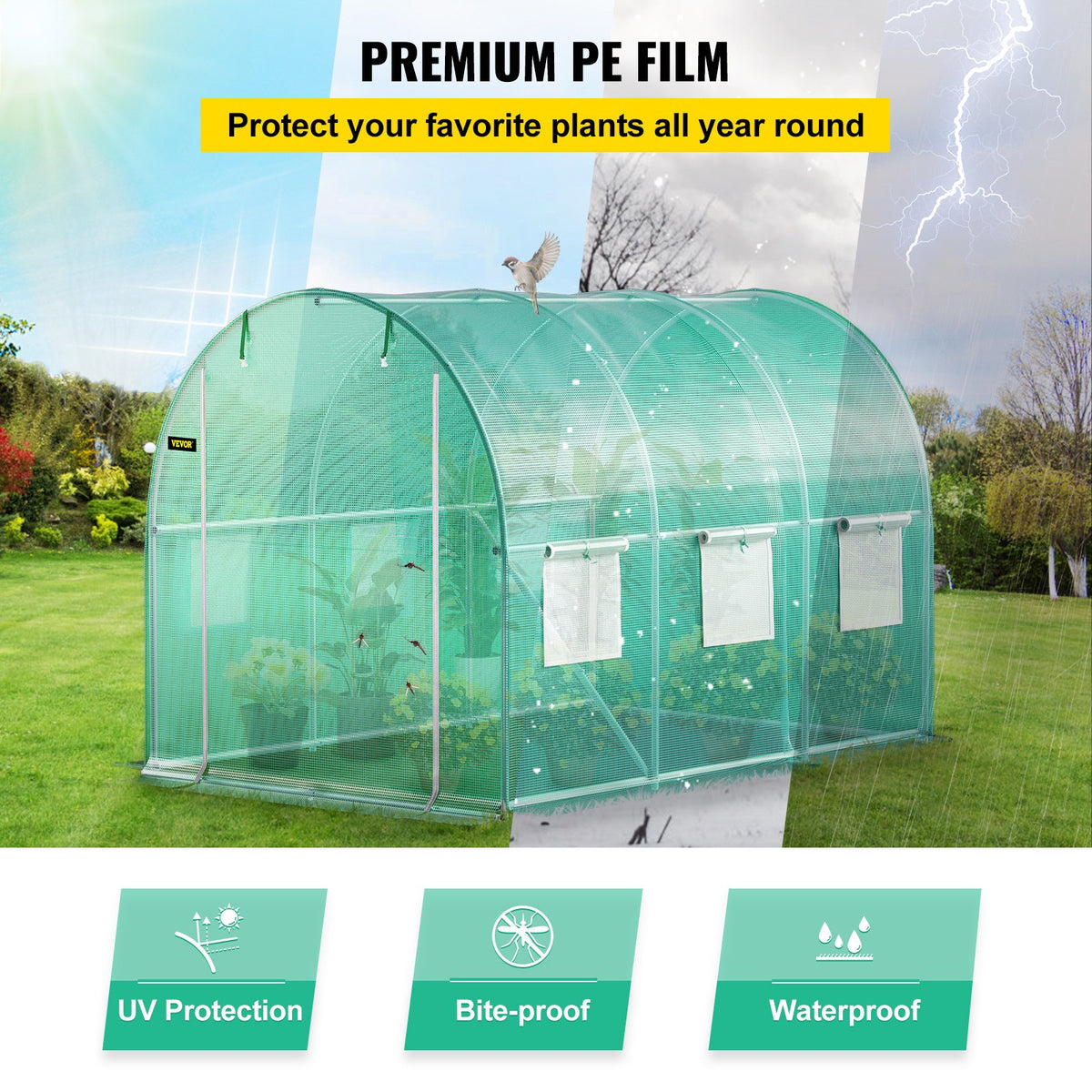 VEVOR Walk-in Tunnel Greenhouse, 304.8 x 213.4 x 213.4 cm Portable Plant Hot House w/ Galvanized Steel Hoops, 1 Top Beam, Diagonal Poles, Zippered Door & 6 Roll-up Windows, Green