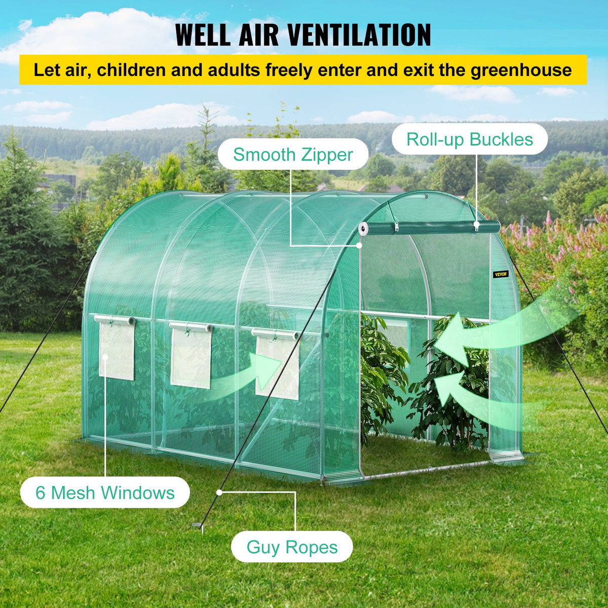 VEVOR Walk-in Tunnel Greenhouse, 304.8 x 213.4 x 213.4 cm Portable Plant Hot House w/ Galvanized Steel Hoops, 1 Top Beam, Diagonal Poles, Zippered Door & 6 Roll-up Windows, Green