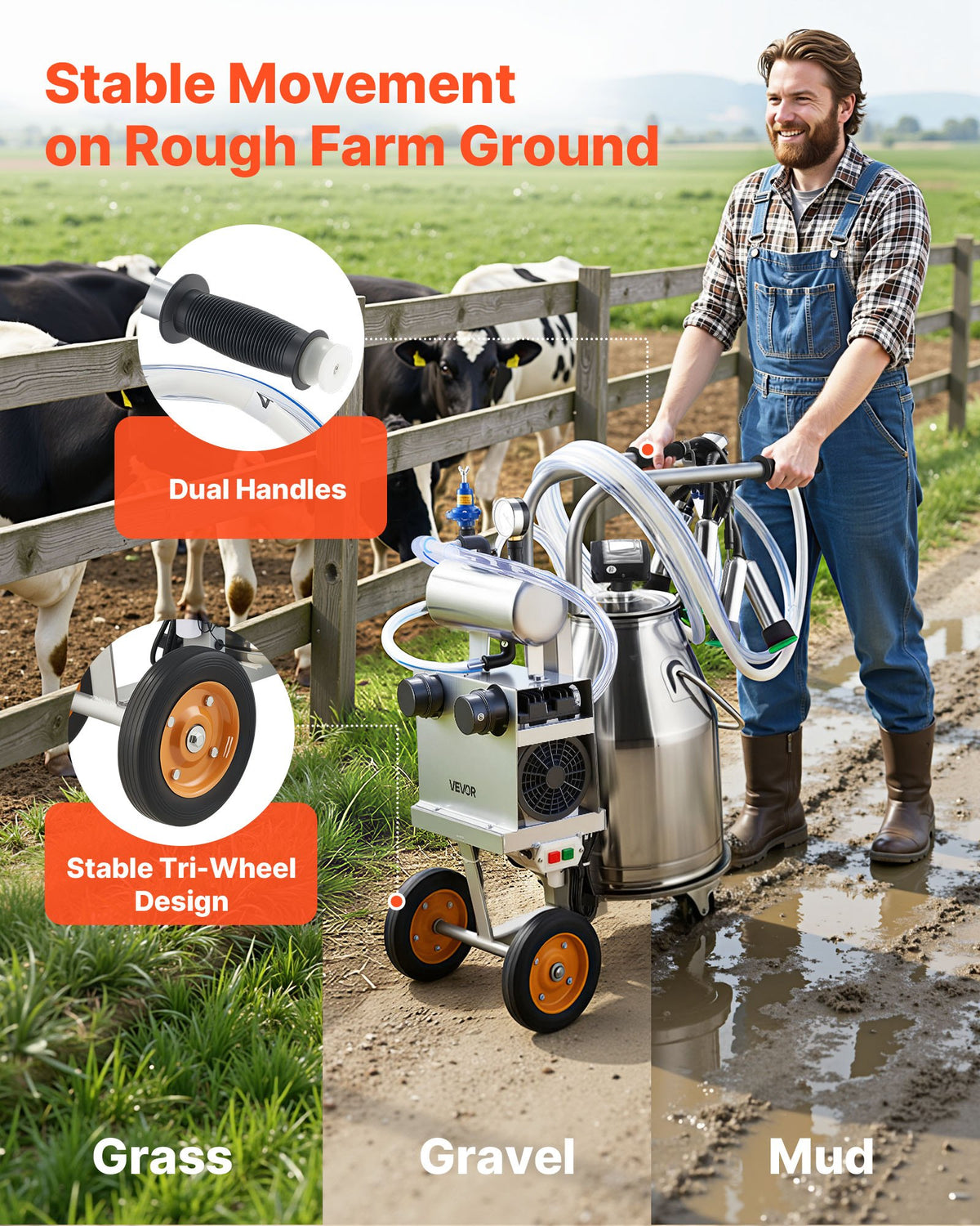 VEVOR Electric Cow Milking Machine, 6.6 Gal / 25 L 304 Stainless Steel Bucket, Food-Grade Teat Cups and Silicone Hose, Strong Suction, Vacuum Pulsation, Electric Milker Machine with Wheels for Cow
