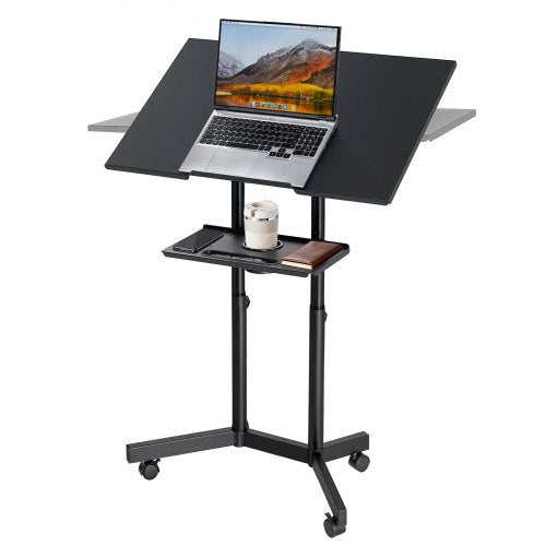 VEVOR Podium Stand, Adjustable Height Steel Lectern Mobile Laptop Desk, for Schools, Churches and Events, 103-124 cm, Portable Presentation Lectern Stand with 0-30° Tilt Top and 2-Position Shelf