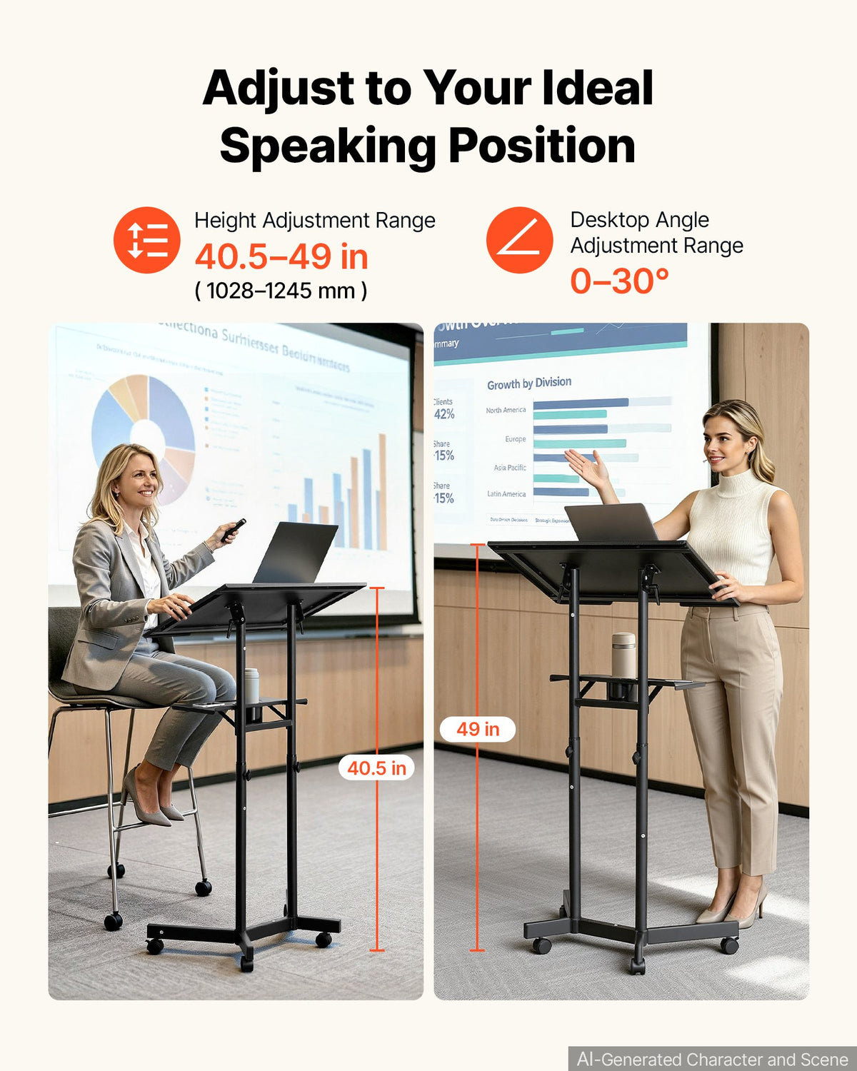 VEVOR Podium Stand, Adjustable Height Steel Lectern Mobile Laptop Desk, for Schools, Churches and Events, 103-124 cm, Portable Presentation Lectern Stand with 0-30° Tilt Top and 2-Position Shelf