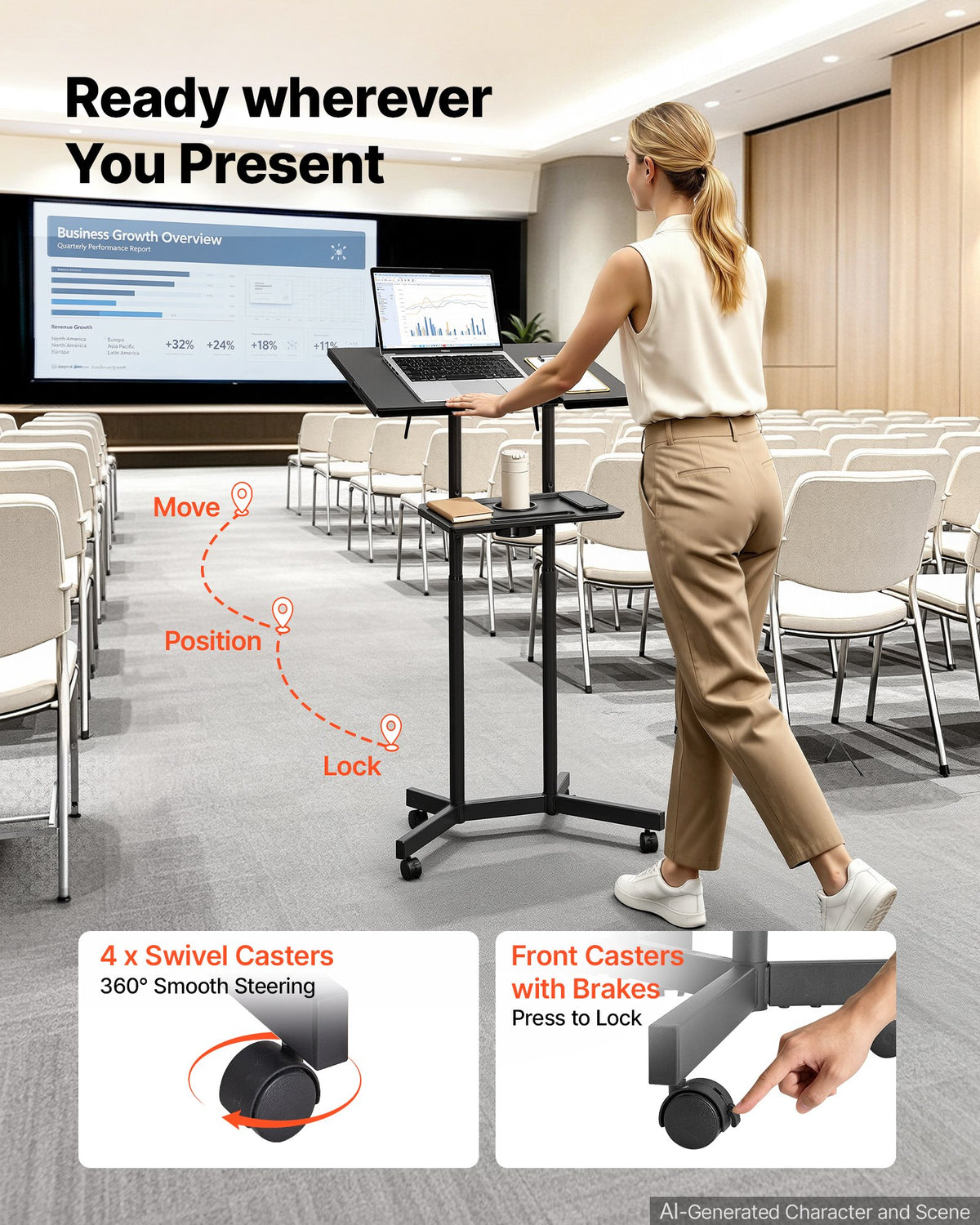 VEVOR Podium Stand, Adjustable Height Steel Lectern Mobile Laptop Desk, for Schools, Churches and Events, 103-124 cm, Portable Presentation Lectern Stand with 0-30° Tilt Top and 2-Position Shelf