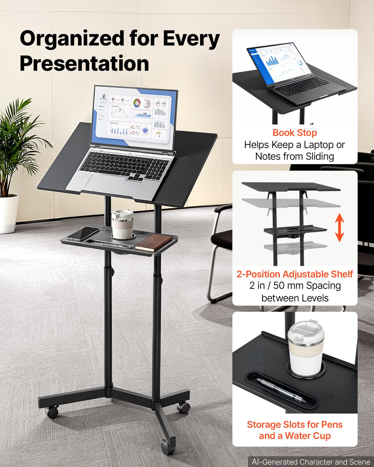 VEVOR Podium Stand, Adjustable Height Steel Lectern Mobile Laptop Desk, for Schools, Churches and Events, 103-124 cm, Portable Presentation Lectern Stand with 0-30° Tilt Top and 2-Position Shelf