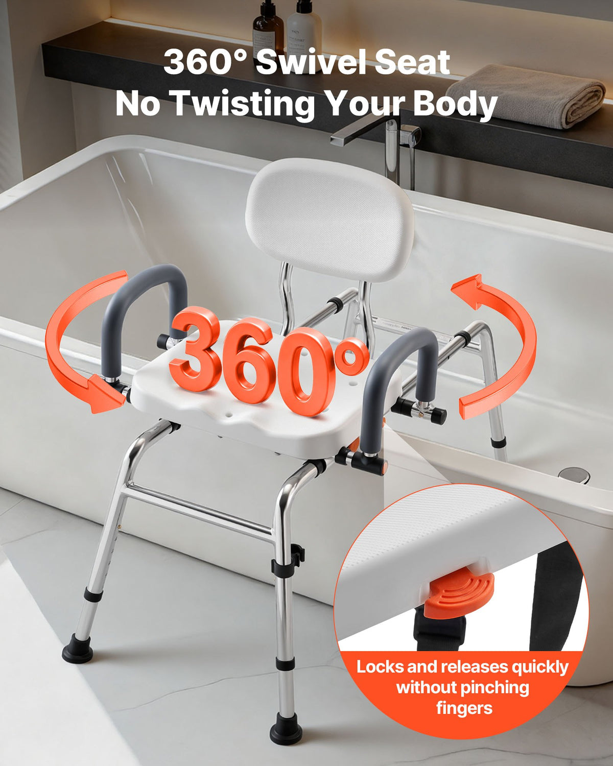 VEVOR Sliding Shower Chair, 180 kg Tub Transfer Bench for Bathtub with Swivel Seat, Shower Bench with Pivoting Arms and Backrest, Height & Width Adjustable for Handicap, Seniors, Elderly and Disabled