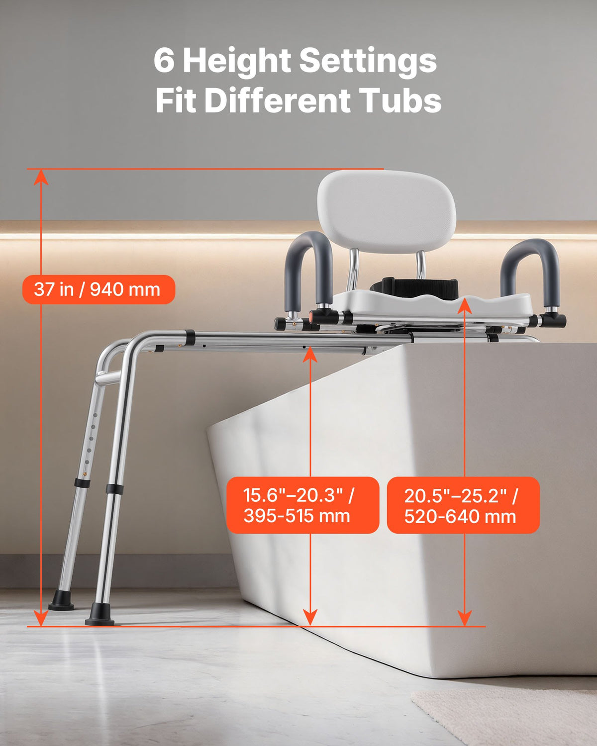 VEVOR Sliding Shower Chair, 180 kg Tub Transfer Bench for Bathtub with Swivel Seat, Shower Bench with Pivoting Arms and Backrest, Height & Width Adjustable for Handicap, Seniors, Elderly and Disabled