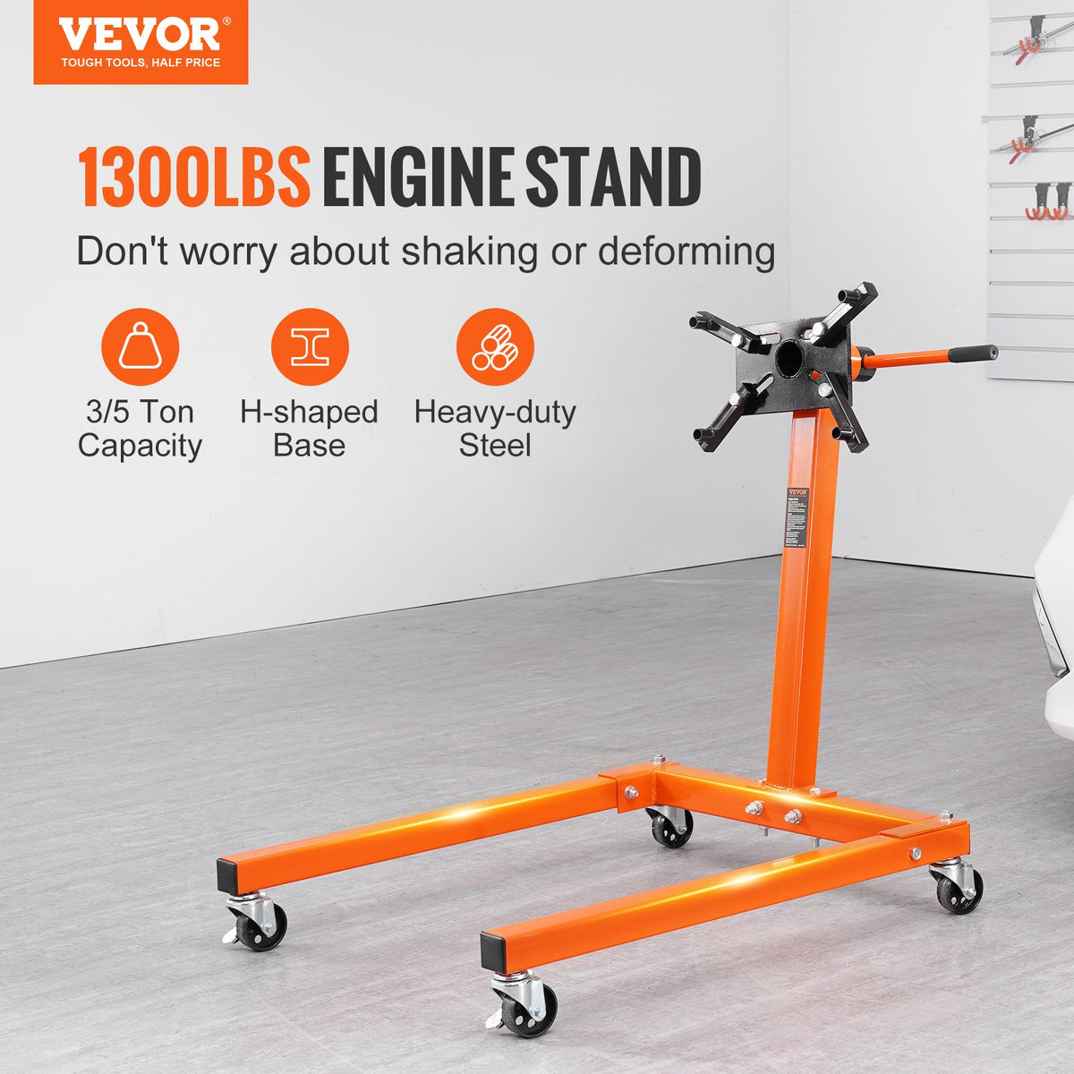 VEVOR Engine Stand, 1300 LBS Rotating Engine Stand with 360 Degree Adjustable Head, Steel Engine Block Stand with Tray, 4-Caster, 4 Adjustable Arms, for Vehicle Maintenance