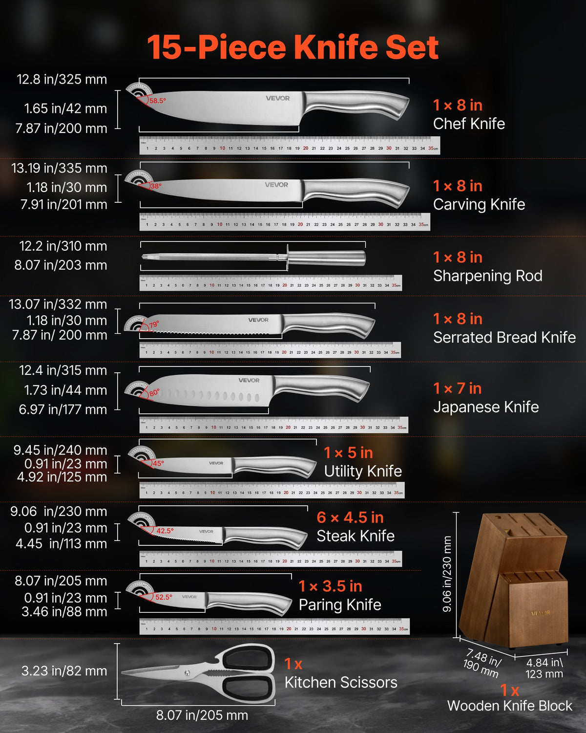 VEVOR Kitchen Knife Set with Block and Sharpener, 15 Piece German High Carbon Stainless Steel  Sharp Knife Set, Kitchen Cutlery with Ergonomic Handle, Sharpening Rod and Wooden Block, for Home Cooks