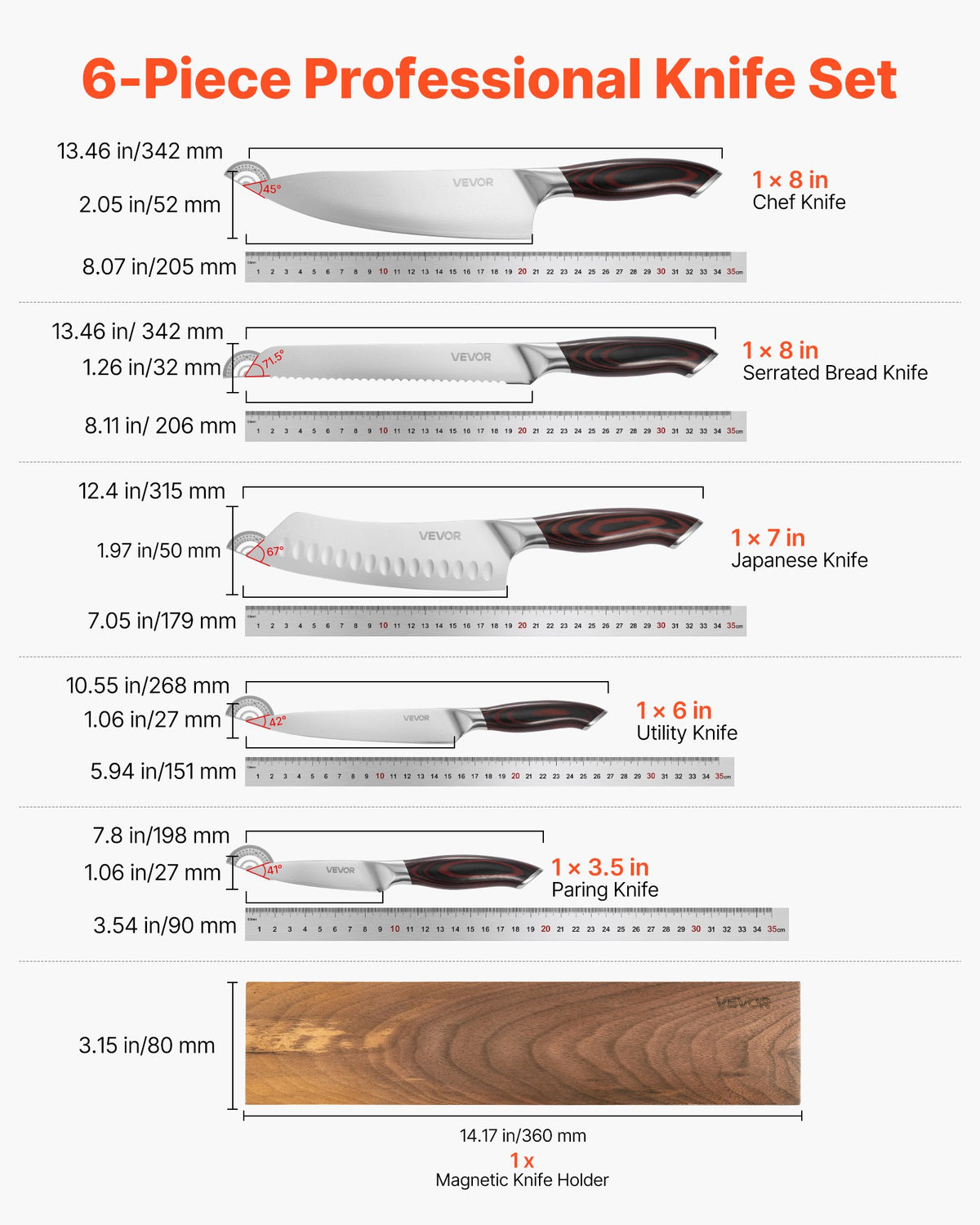 VEVOR Kitchen Knife Set, 6 Piece High Carbon Stainless Steel Sharp Knife Set, Professional Kitchen Cutlery with Ergonomic Crack-Resistant Handle, and Walnut Finish Powerful Magnetic Knives Holder