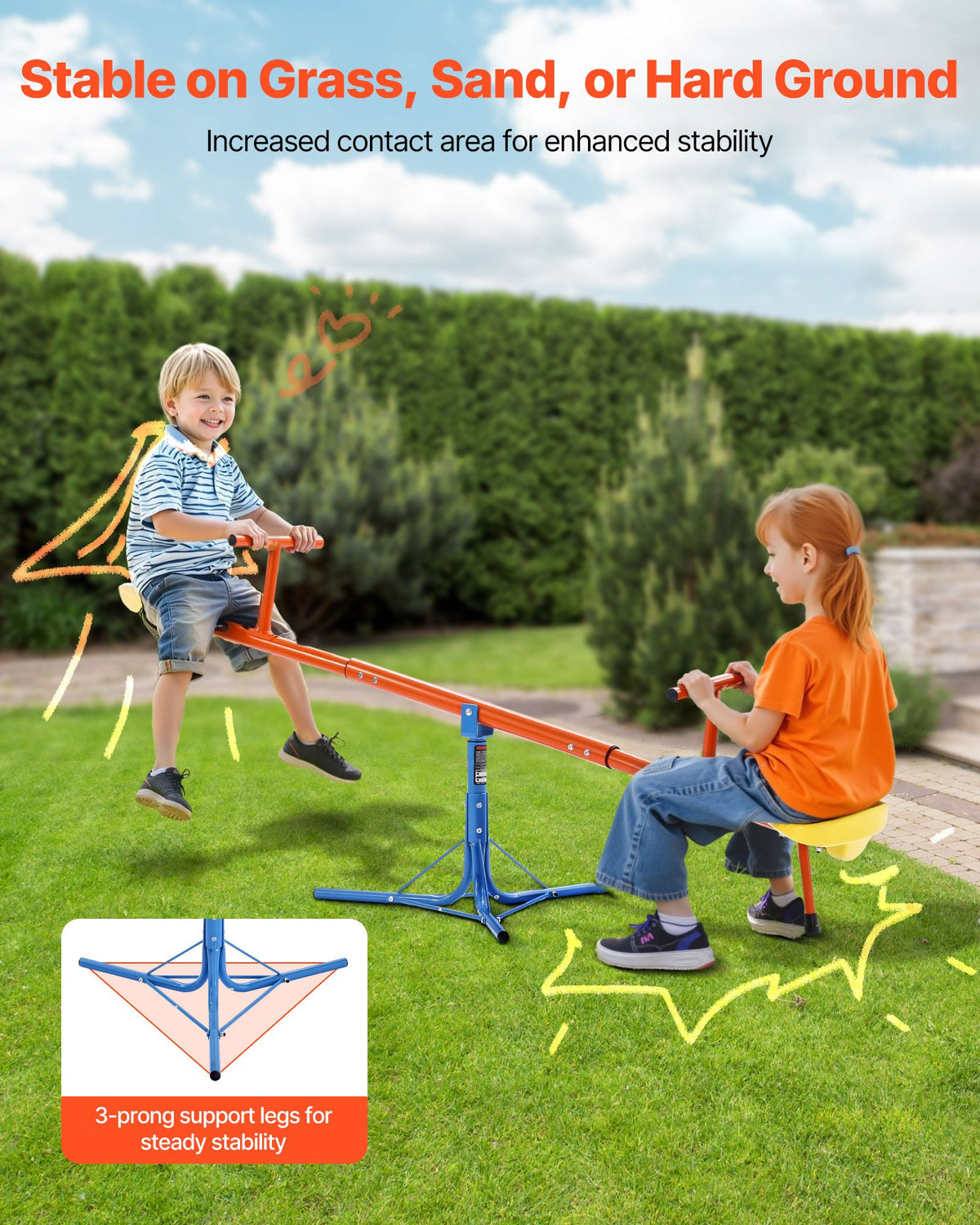 VEVOR Kids Seesaw, 45.4 kg Load Capacity per Seat, Sit and Spin Teeter Totter with 3-prong Support Legs, Kids Outdoor Playground Equipment, Swiveling 360 Degrees Rotating for Children Aged 3+