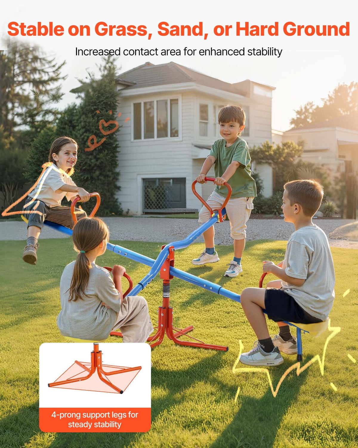 VEVOR Kids Seesaw, 49.9 kg Load Capacity per Seat, Sit and Spin Teeter Totter with 4-prong Support Legs, Kids Outdoor Playground Equipment, Swiveling 360 Degrees Rotating for Children Aged 3+, 4 Seats