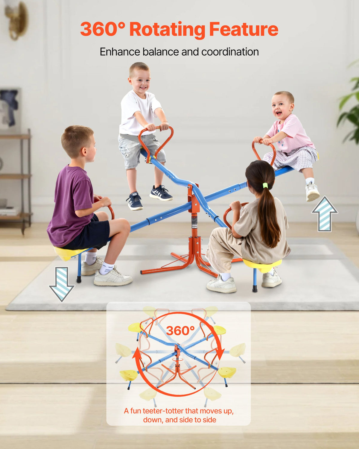 VEVOR Kids Seesaw, 49.9 kg Load Capacity per Seat, Sit and Spin Teeter Totter with 4-prong Support Legs, Kids Outdoor Playground Equipment, Swiveling 360 Degrees Rotating for Children Aged 3+, 4 Seats