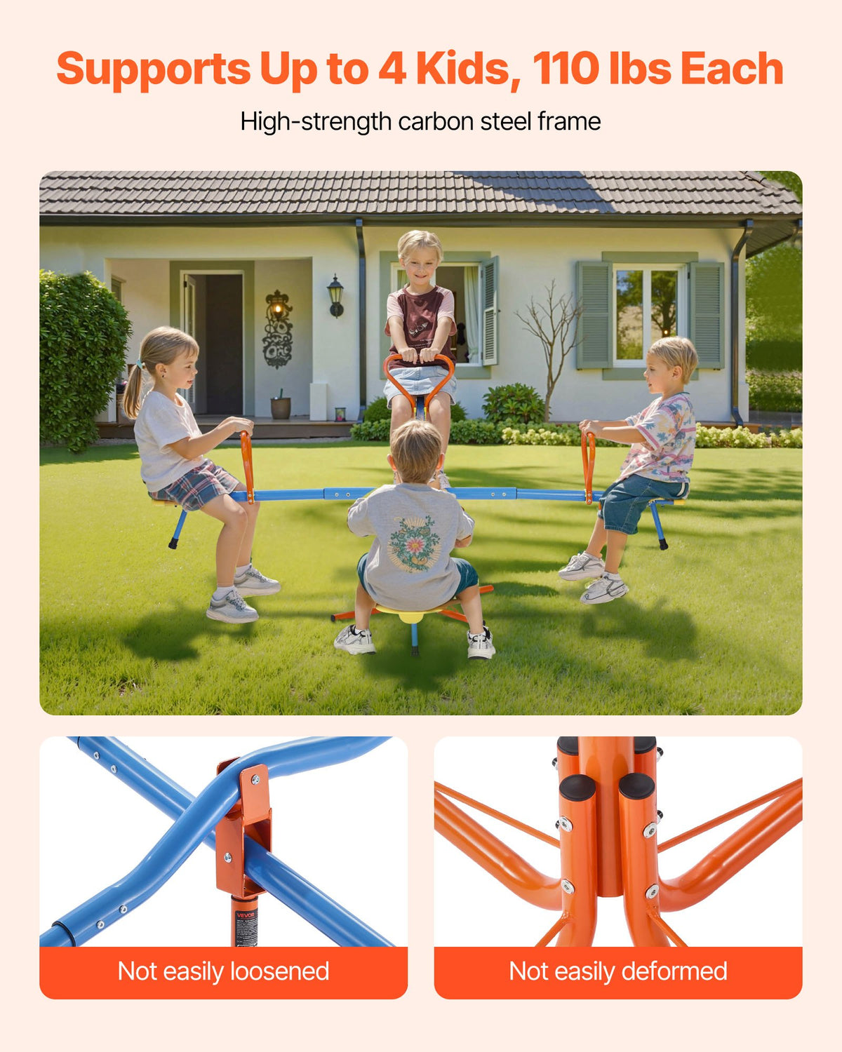 VEVOR Kids Seesaw, 49.9 kg Load Capacity per Seat, Sit and Spin Teeter Totter with 4-prong Support Legs, Kids Outdoor Playground Equipment, Swiveling 360 Degrees Rotating for Children Aged 3+, 4 Seats