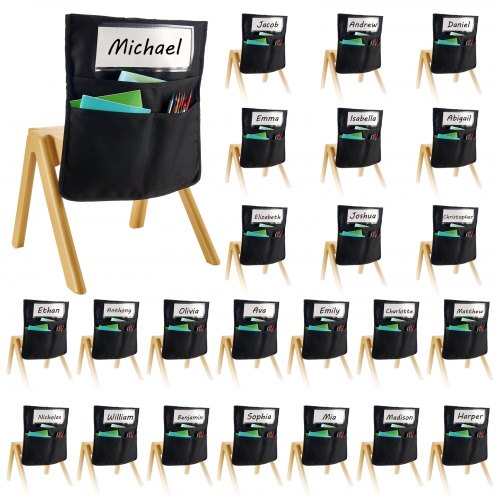 VEVOR Chair Pockets for Classroom, 24 Pack, 14 x 15 Inches Chairback Buddy Pocket with Name Tag, Back of Chair Organizer for Kids in Classroom, Kindergarten, School, and Home, Black