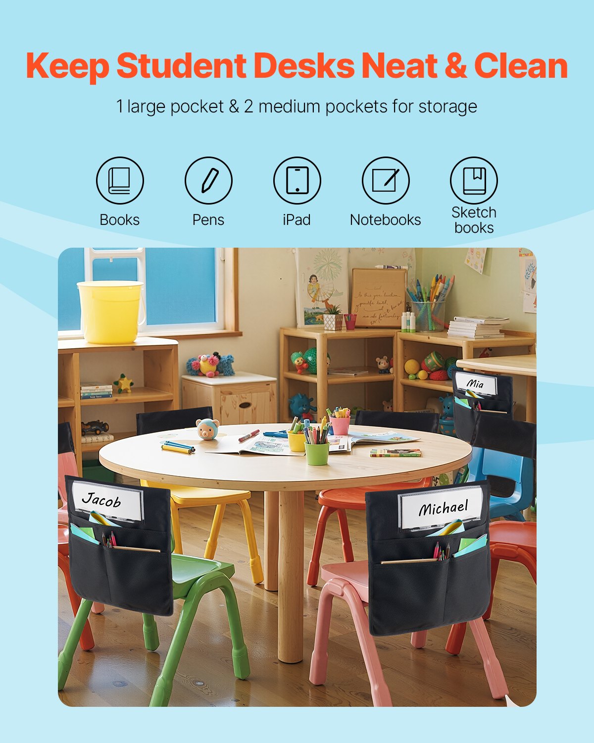 VEVOR Chair Pockets for Classroom, 24 Pack, 14 x 15 Inches Chairback Buddy Pocket with Name Tag, Back of Chair Organizer for Kids in Classroom, Kindergarten, School, and Home, Black