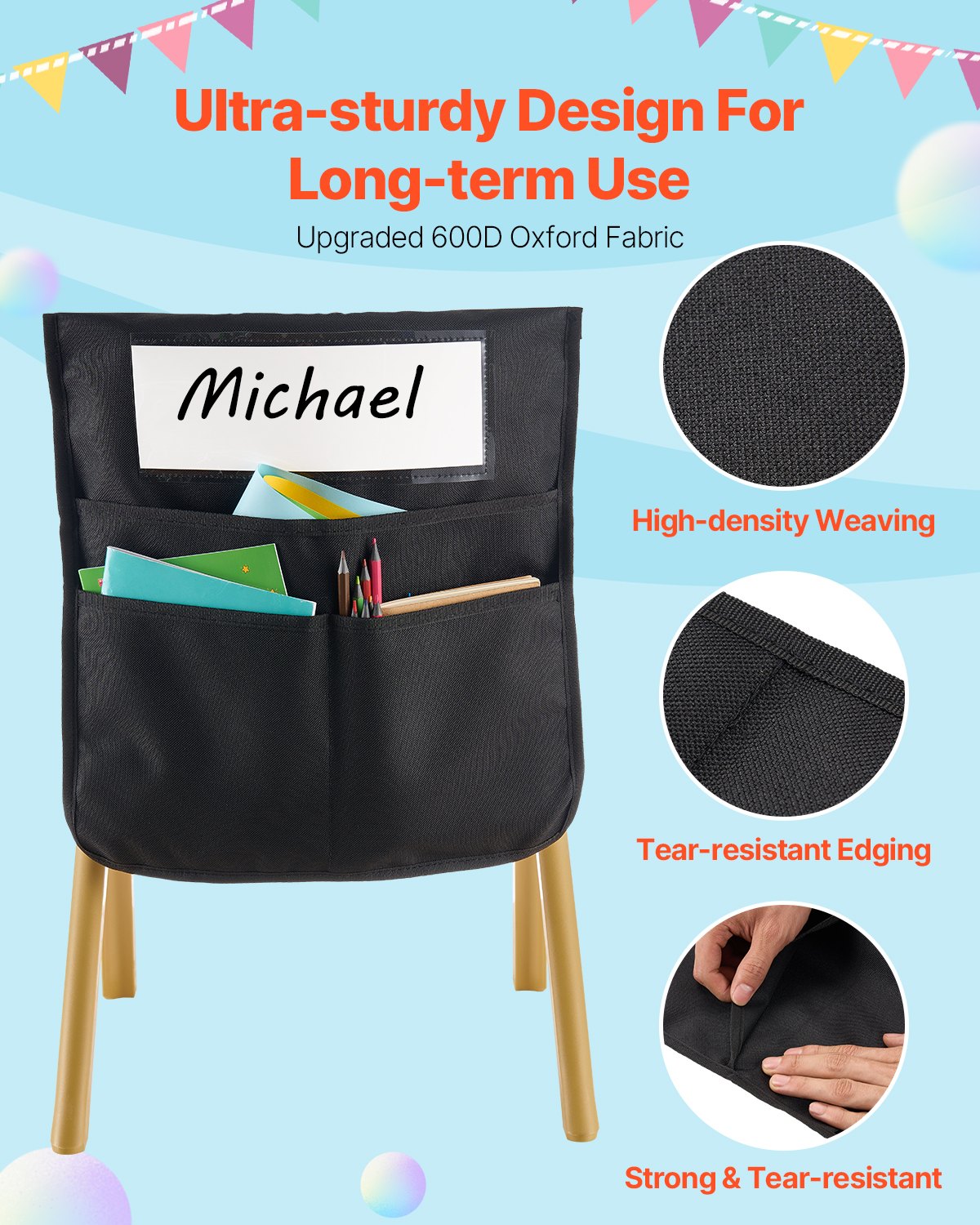 VEVOR Chair Pockets for Classroom, 24 Pack, 14 x 15 Inches Chairback Buddy Pocket with Name Tag, Back of Chair Organizer for Kids in Classroom, Kindergarten, School, and Home, Black