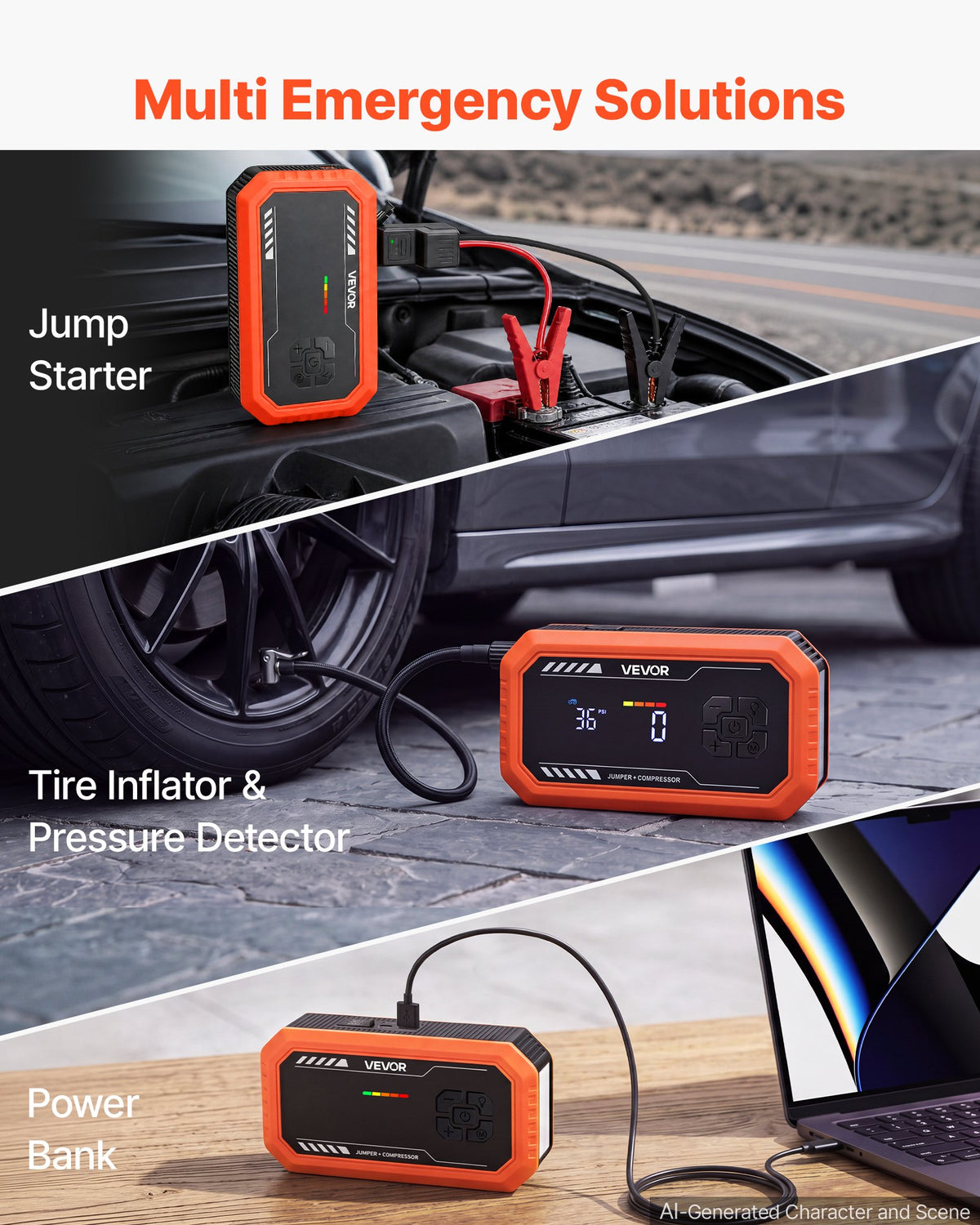 VEVOR Jump Starter with Air Compressor 3000A Peak Car Battery Jump Box, Portable for 9.0L Gas / 6.5L Diesel, 150 PSI Auto-Shutoff Tire Inflator, Power Bank, 12V Battery Charger, with LED Flashlight