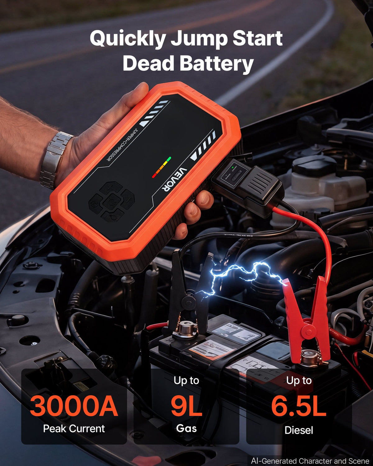 VEVOR Jump Starter with Air Compressor 3000A Peak Car Battery Jump Box, Portable for 9.0L Gas / 6.5L Diesel, 150 PSI Auto-Shutoff Tire Inflator, Power Bank, 12V Battery Charger, with LED Flashlight