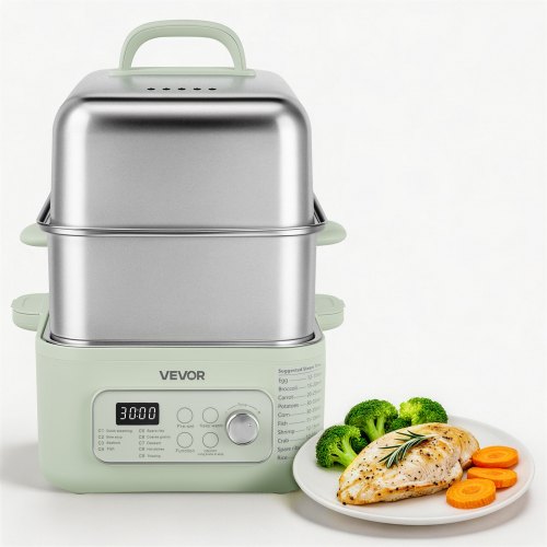 VEVOR Electric Food Steamer 13L 2-Tier Stainless Steel for 3-6 Servings, 1500W Vegetable & Meal Steamer for Cooking with 9 Pre-Programmed Settings, Keep Warm, for Veggies, Seafood and Rice, Green
