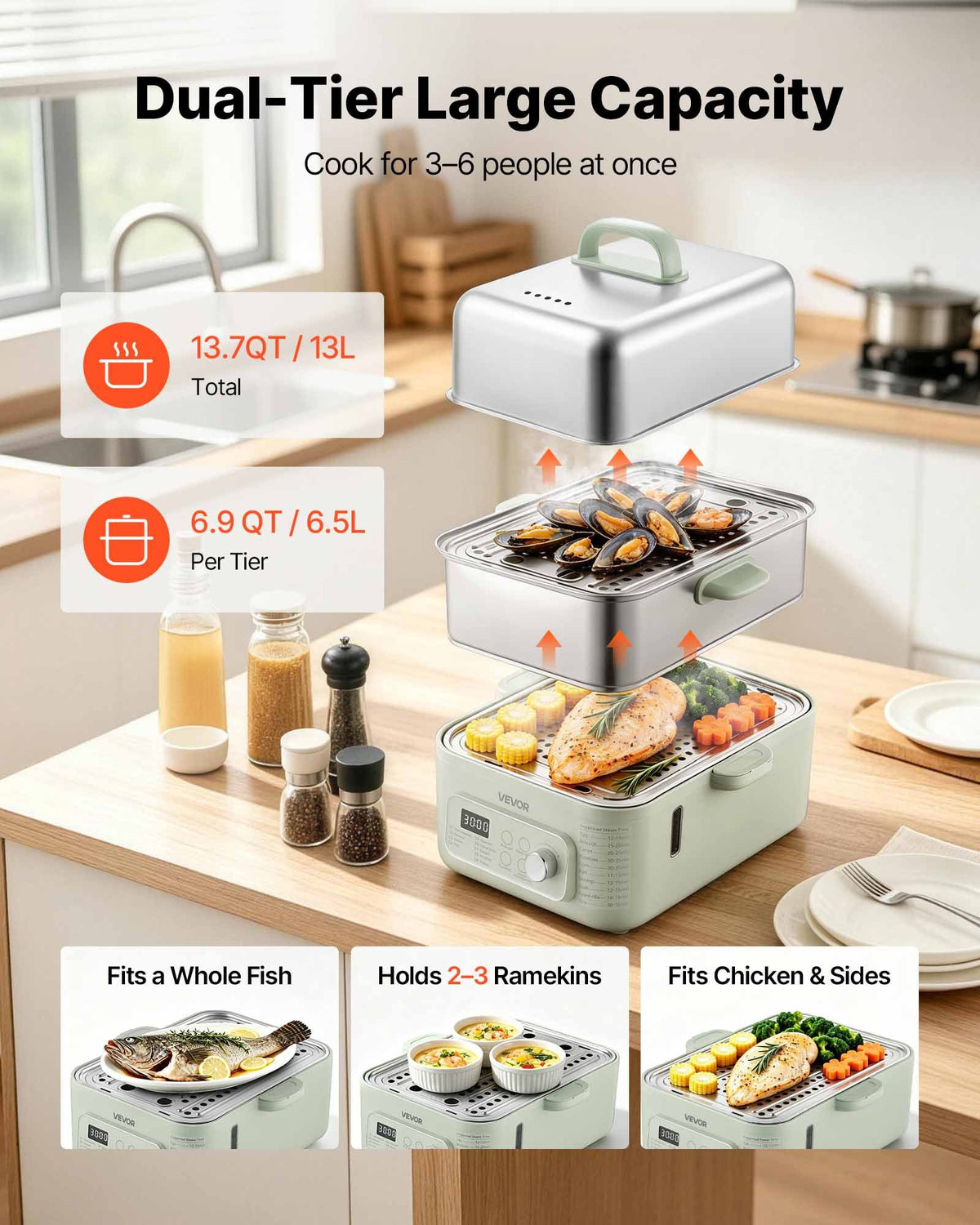 VEVOR Electric Food Steamer 13L 2-Tier Stainless Steel for 3-6 Servings, 1500W Vegetable & Meal Steamer for Cooking with 9 Pre-Programmed Settings, Keep Warm, for Veggies, Seafood and Rice, Green