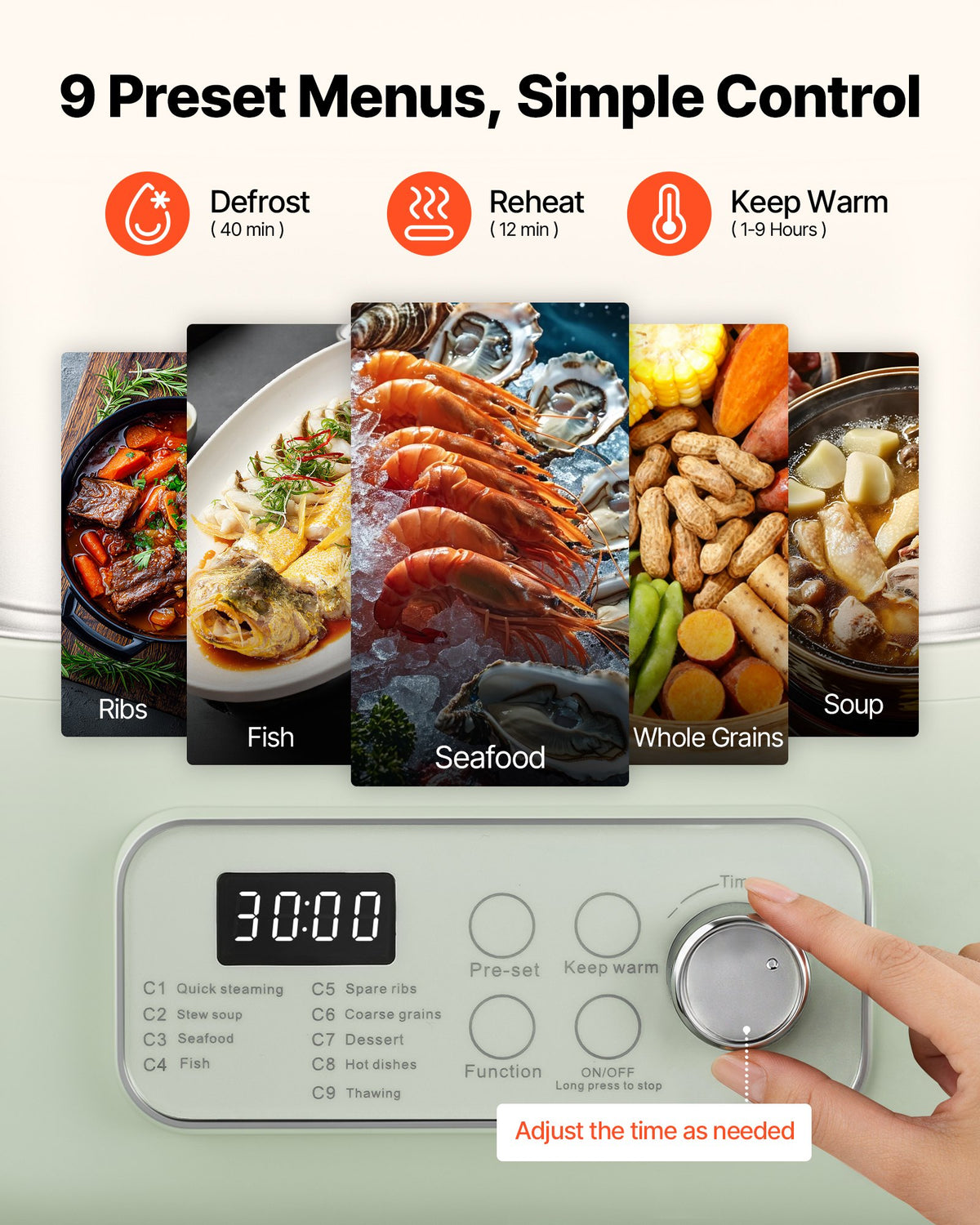 VEVOR Electric Food Steamer 13L 2-Tier Stainless Steel for 3-6 Servings, 1500W Vegetable & Meal Steamer for Cooking with 9 Pre-Programmed Settings, Keep Warm, for Veggies, Seafood and Rice, Green