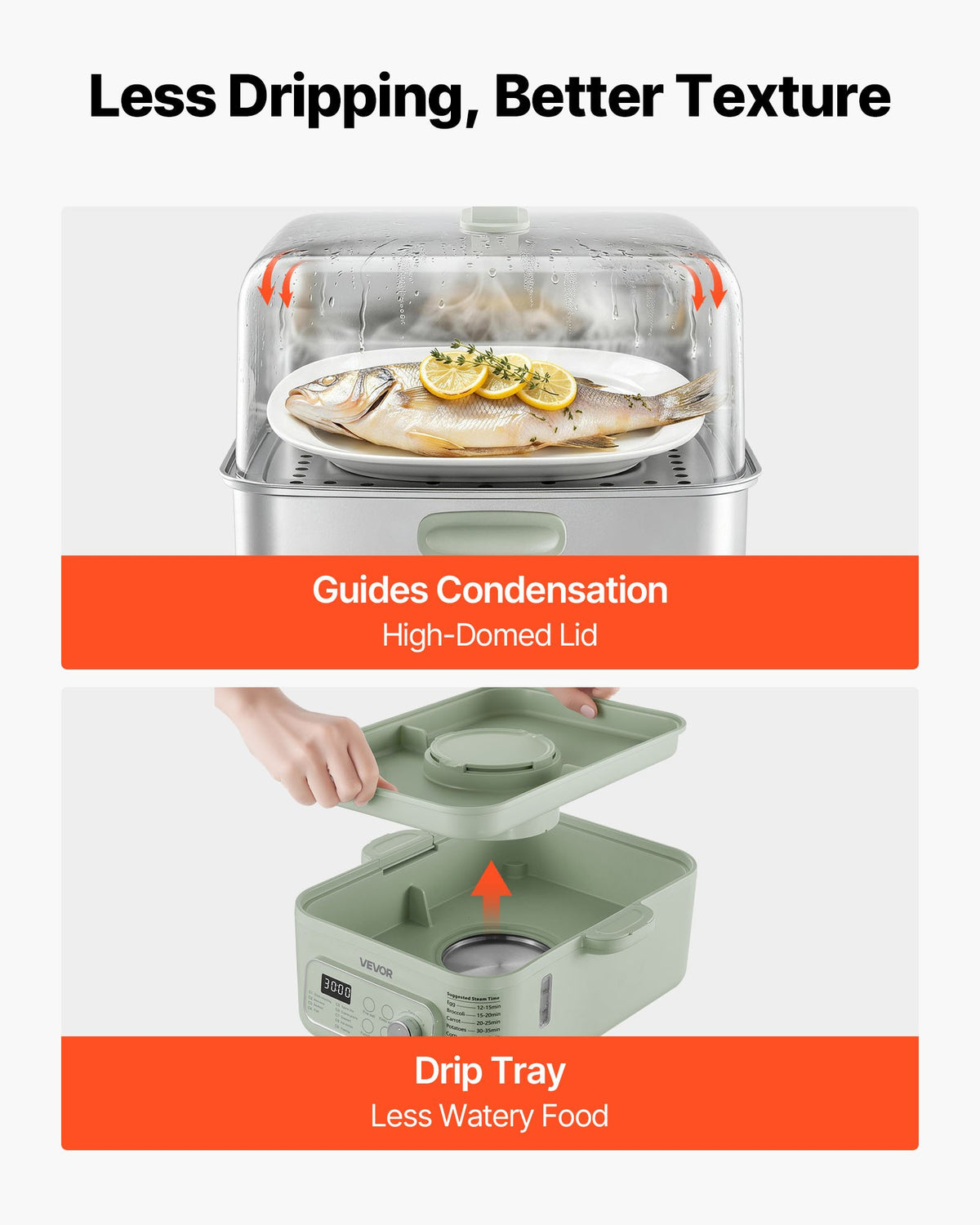 VEVOR Electric Food Steamer 13L 2-Tier Stainless Steel for 3-6 Servings, 1500W Vegetable & Meal Steamer for Cooking with 9 Pre-Programmed Settings, Keep Warm, for Veggies, Seafood and Rice, Green