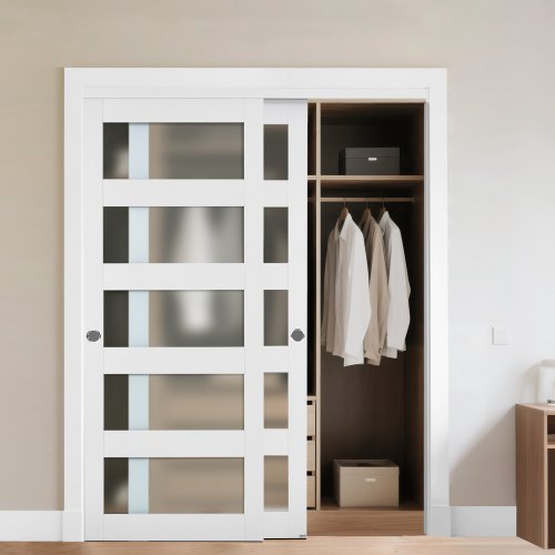 VEVOR Sliding Closet Door, 1524mm (Double 787mm) x 2032 mm, 5-Lite Frosted Glass Bypass Sliding Doors with Hardware Kit, Solid Wood & MDF Slab with Water-Proof PVC Surface for Closets Bedrooms