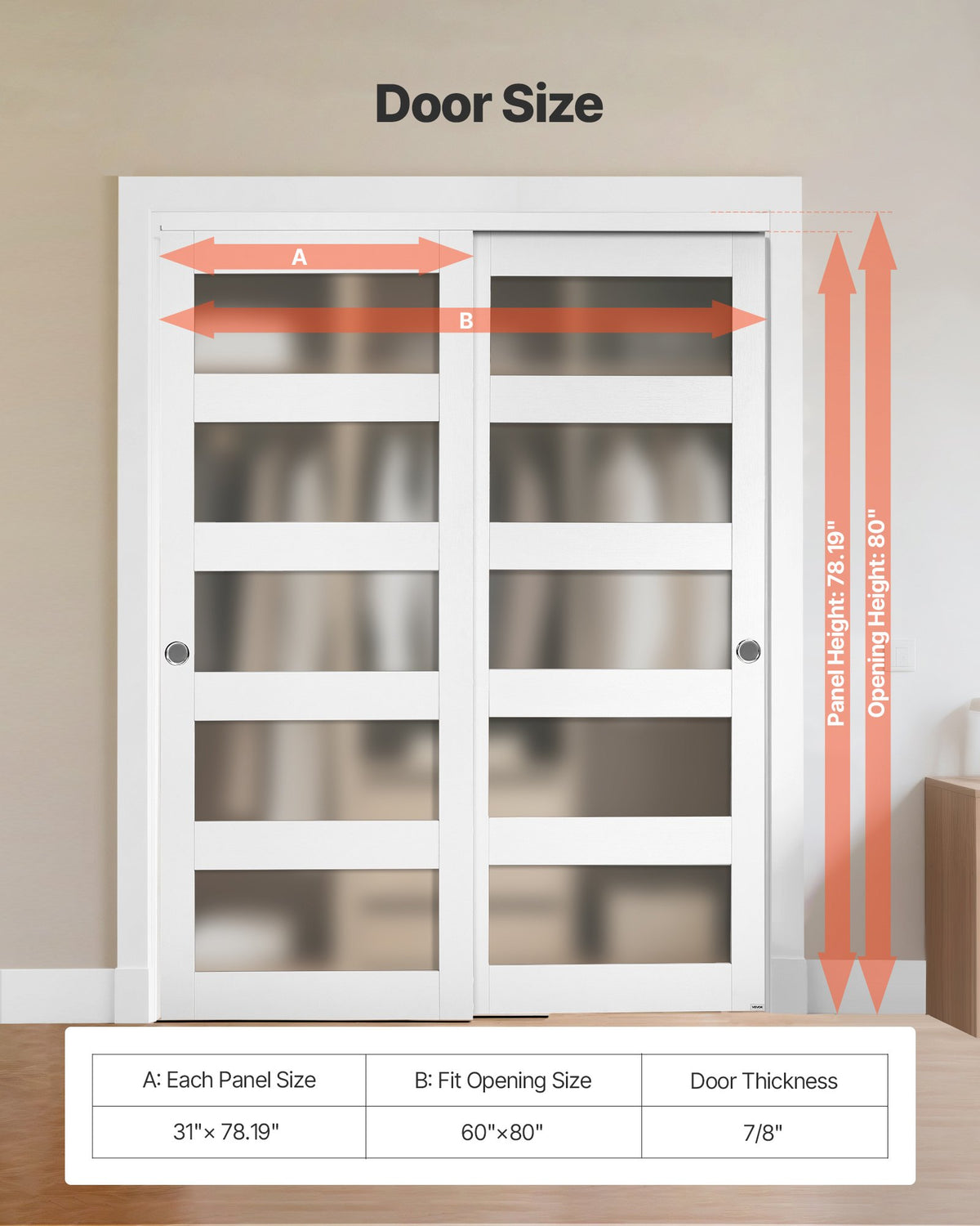 VEVOR Sliding Closet Door, 1524mm (Double 787mm) x 2032 mm, 5-Lite Frosted Glass Bypass Sliding Doors with Hardware Kit, Solid Wood & MDF Slab with Water-Proof PVC Surface for Closets Bedrooms