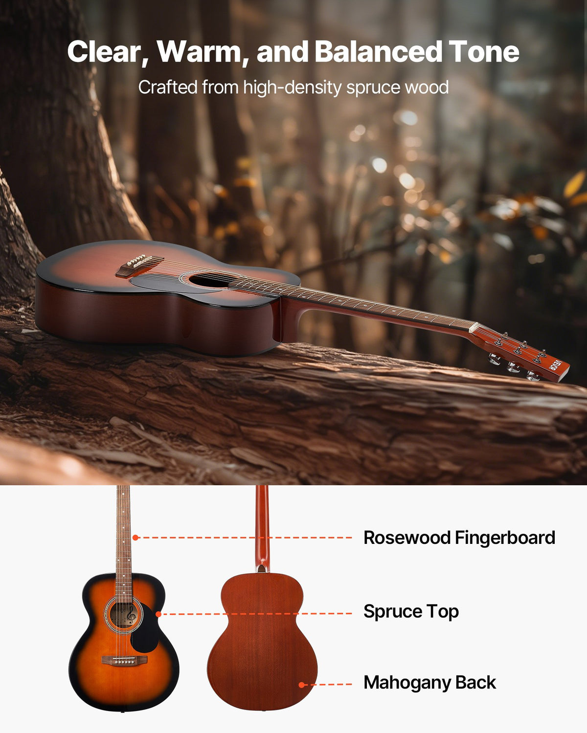 VEVOR 40 in / 1016 mm Dreadnought Acoustic Guitar Beginner Bundle Gig Bag Adult Sunburst