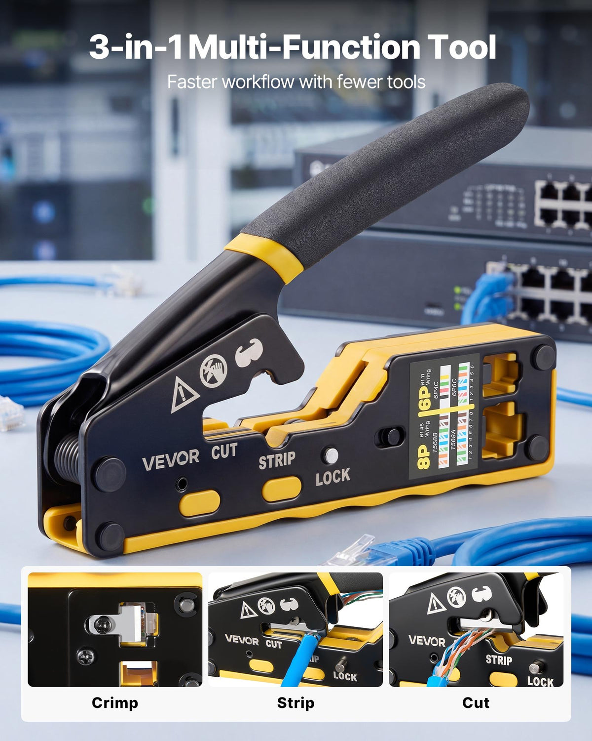 VEVOR Crimping Tool, RJ45/RJ11/RJ12 Ethernet Crimper, Crimp Tool Kit for 4/6/8-Pin Modular Plugs, with Mini Wire Stripper, 50 Connectors and 50 Boots, Replacement Blades, and Network Cable Tester