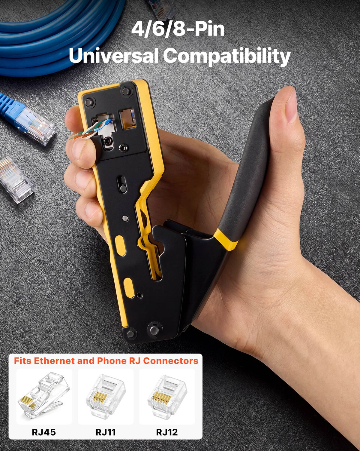 VEVOR Crimping Tool, RJ45/RJ11/RJ12 Ethernet Crimper, Crimp Tool Kit for 4/6/8-Pin Modular Plugs, with Mini Wire Stripper, 50 Connectors and 50 Boots, Replacement Blades, and Network Cable Tester
