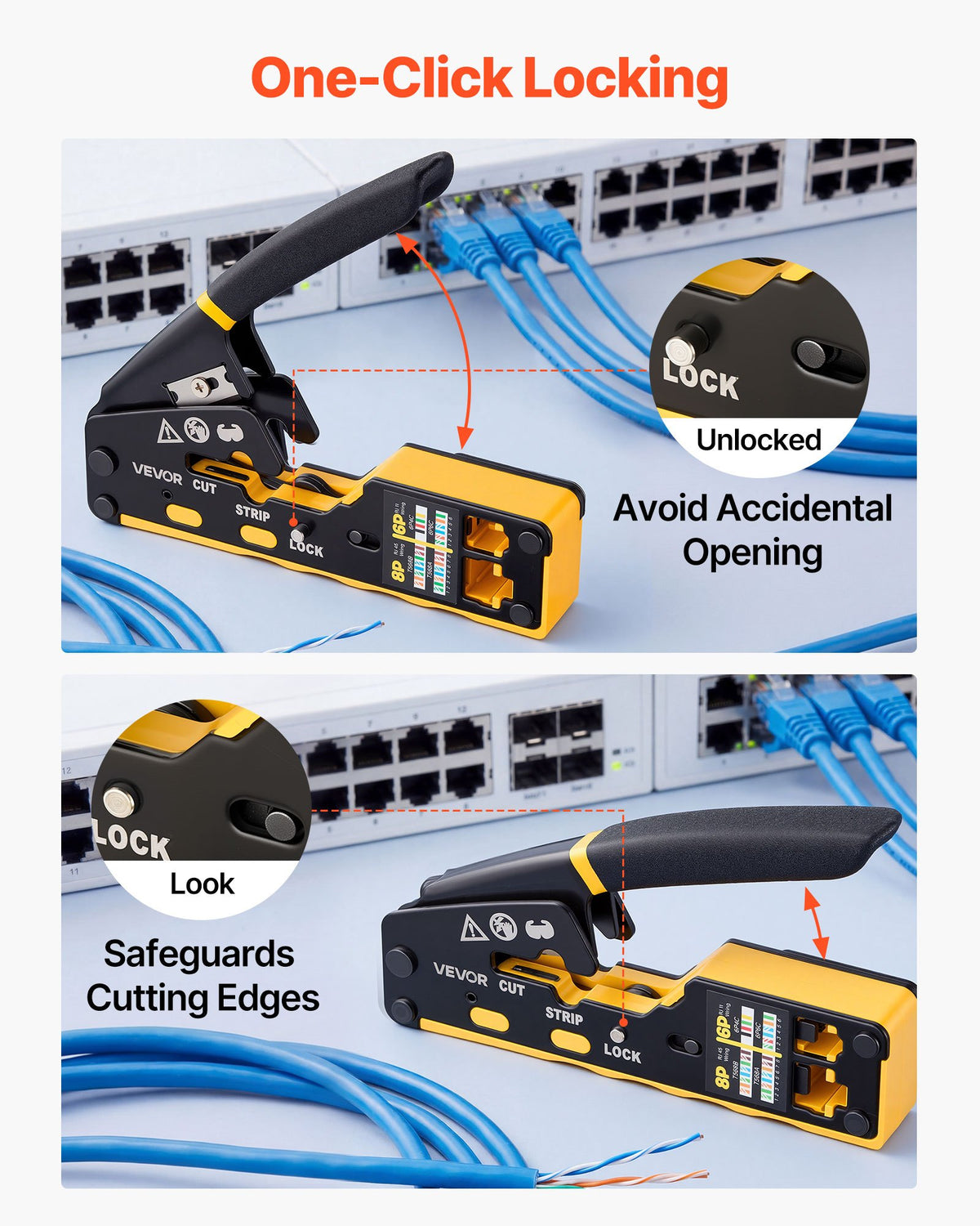 VEVOR Crimping Tool, RJ45/RJ11/RJ12 Ethernet Crimper, Crimp Tool Kit for 4/6/8-Pin Modular Plugs, with Mini Wire Stripper, 50 Connectors and 50 Boots, Replacement Blades, and Network Cable Tester