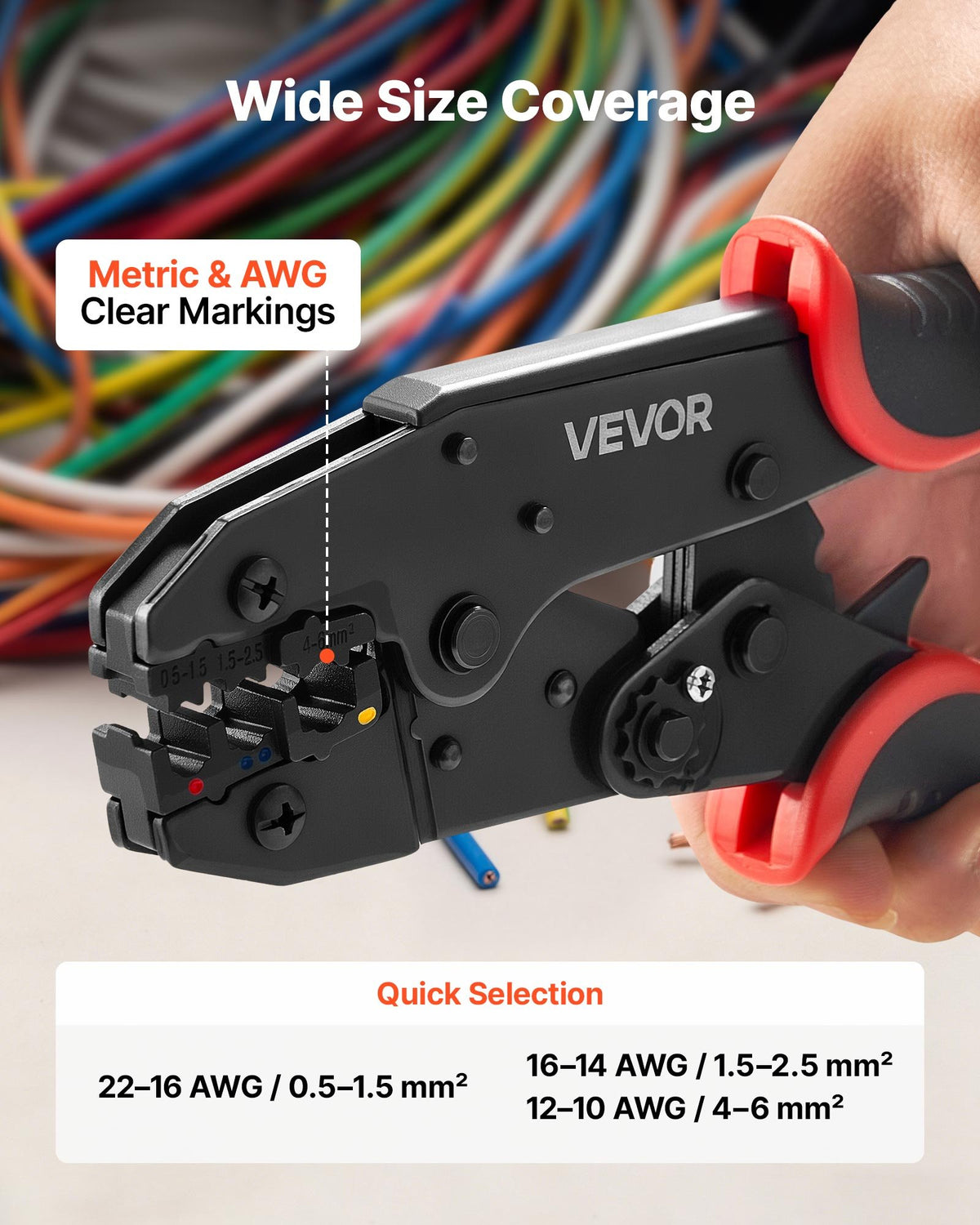 VEVOR Crimping Tool, 0.5-6 mm² Ratcheting Wire Crimper Tool, Labor-Saving Electrical Terminal Crimp Pliers with Clear Metric & AWG Markings, Quick Release, Adjustable Force for Multiple Terminals