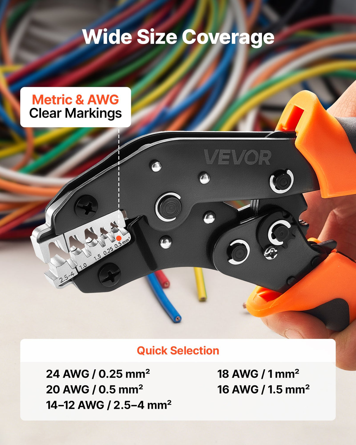VEVOR Crimping Tool, 0.25-4 mm² Ratcheting Wire Crimper Tool, Labor-Saving Electrical Terminal Crimp Pliers with Clear Metric & AWG Markings, Quick Release, Adjustable Pressure for Multiple Terminals