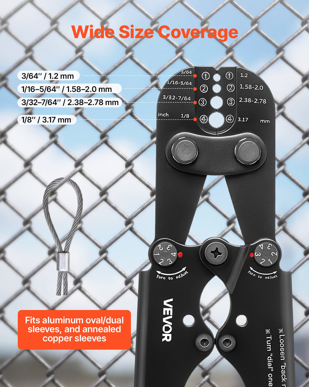 VEVOR Crimping Tool, 1.2-3.17 mm Steel Wire Rope Crimper, with Clear Metric and Imperial Markings, Adjustable Force, Crimp Pliers for Aluminum Oval and Dual Sleeves, and Annealed Copper Sleeves