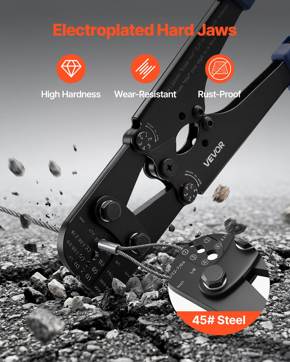 VEVOR Crimping Tool, 1.2-3.17 mm Steel Wire Rope Crimper, with Clear Metric and Imperial Markings, Adjustable Force, Crimp Pliers for Aluminum Oval and Dual Sleeves, and Annealed Copper Sleeves