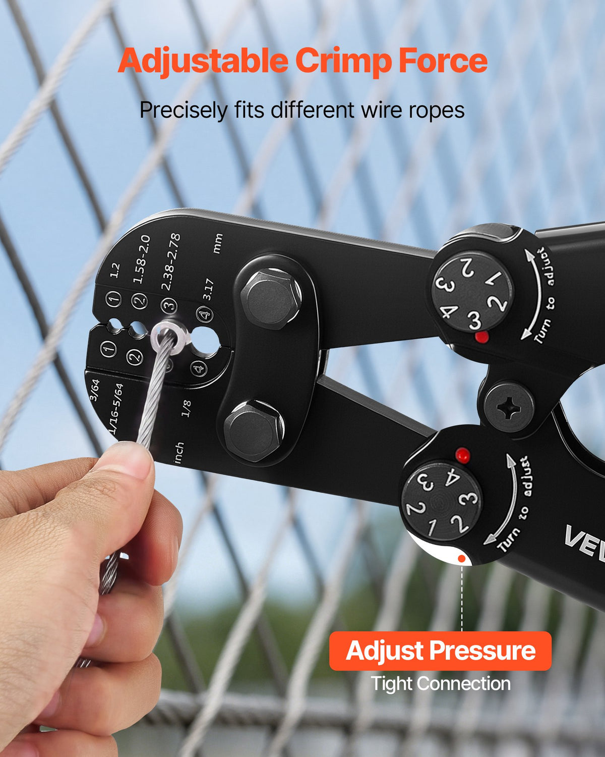 VEVOR Crimping Tool, 1.2-3.17 mm Steel Wire Rope Crimper, with Clear Metric and Imperial Markings, Adjustable Force, Crimp Pliers for Aluminum Oval and Dual Sleeves, and Annealed Copper Sleeves