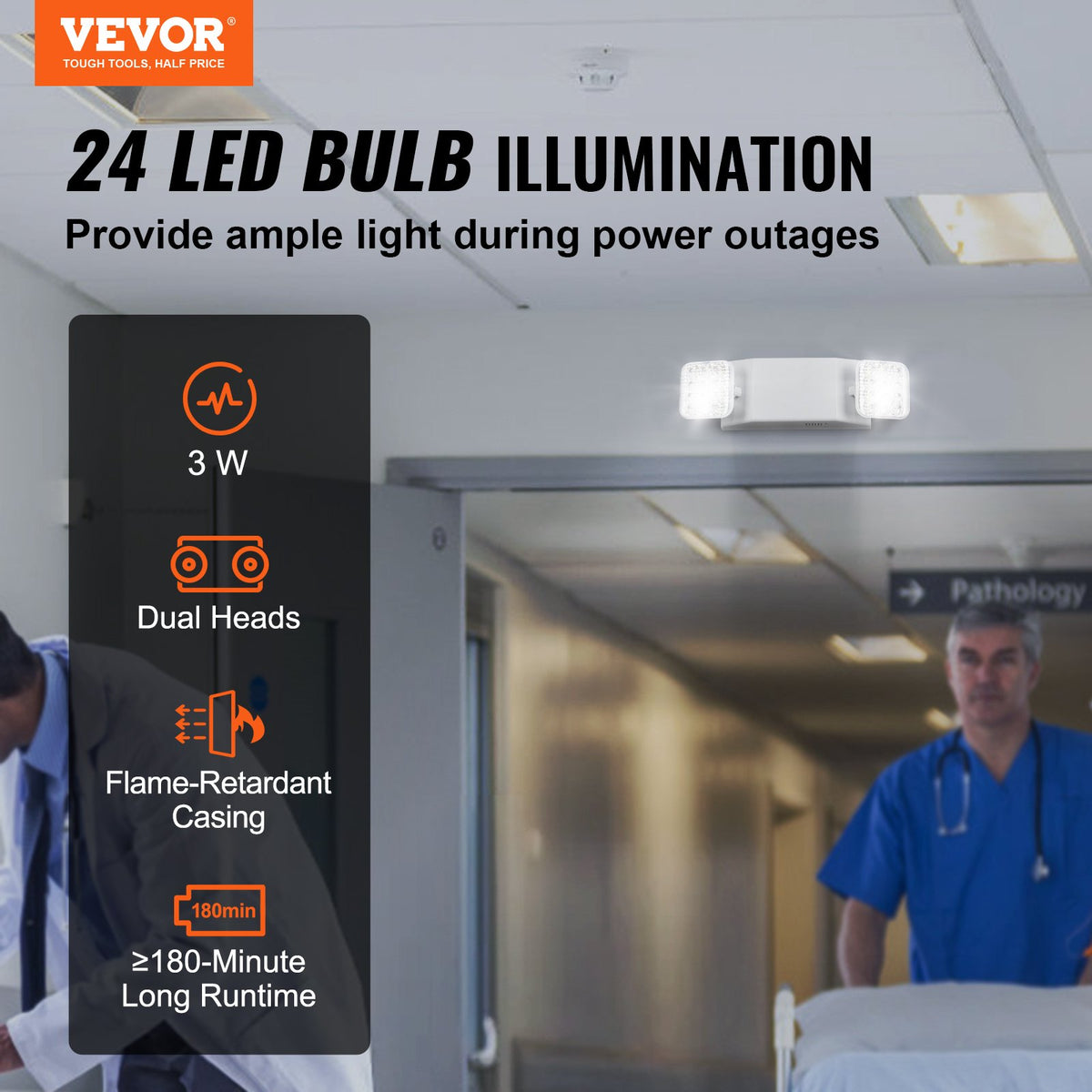 VEVOR 24 Pack Commercial Emergency Light, 3W, White LED Emergency Exit Lighting Fixtures with 180 Minutes Backup Battery Adjustable 2 LED Square Head, Ceiling or Wall Mount for Business Power Outages