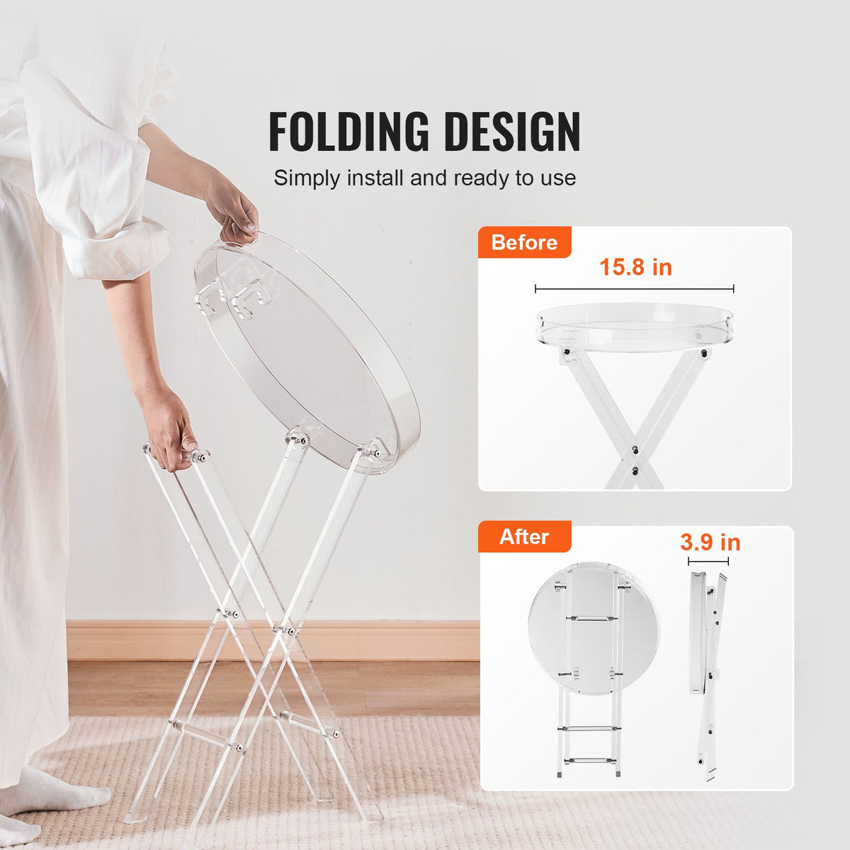 VEVOR Acrylic Folding Tray Table, Acrylic End Table with Folding X Leg, Clear Acrylic Side Table for Coffee, Drink, Food, Snack used in Living Room, Bedroom, and Study
