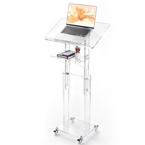 VEVOR Podium Stand, Adjustable Height Acrylic Lectern Mobile Laptop Desk, for Schools, Churches and Events, 109-118 cm, Clear Portable Presentation Lectern Stand with 70-180° Tilt and Storage Shelf