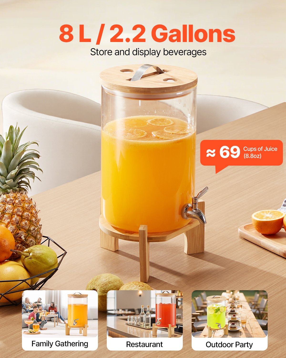 VEVOR Beverage Dispenser, 8L Drink Dispensers for Parties, Glass Juice Dispenser with Wood Stand, Stainless Steel Spigot, Iced Tea Lemonade Juice Water Dispensers for Parties