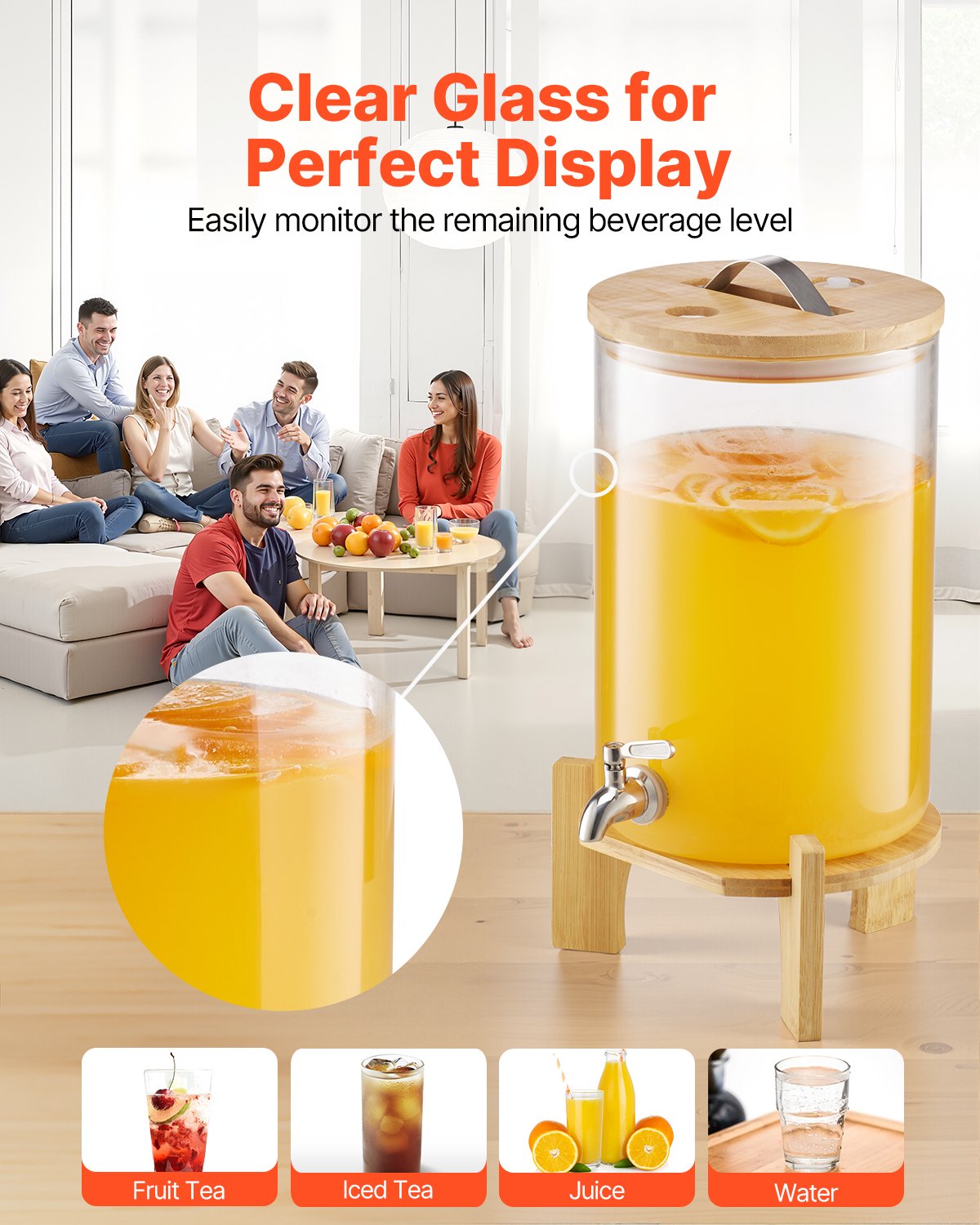VEVOR Beverage Dispenser, 8L Drink Dispensers for Parties, Glass Juice Dispenser with Wood Stand, Stainless Steel Spigot, Iced Tea Lemonade Juice Water Dispensers for Parties