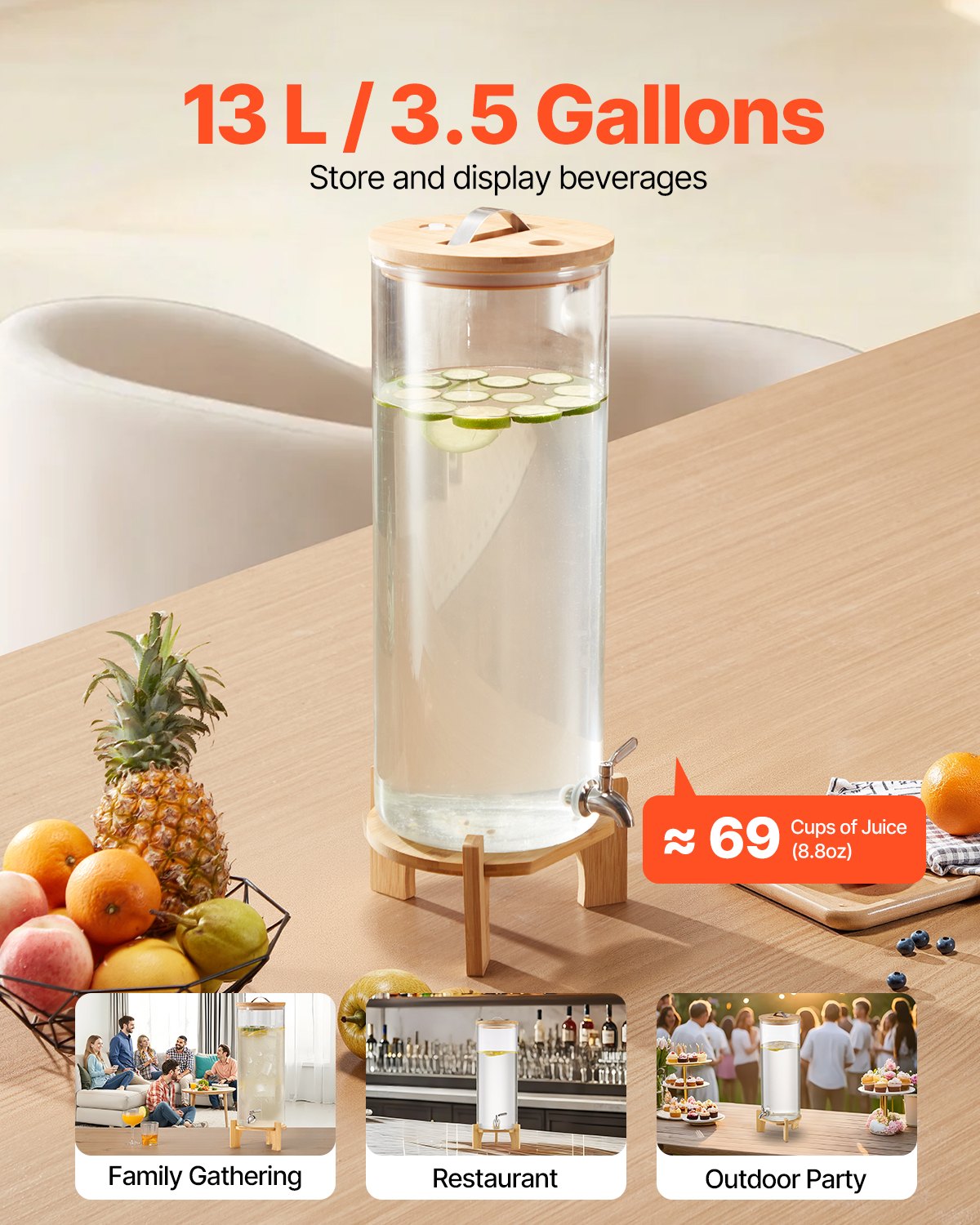 VEVOR Beverage Dispenser, 13L Drink Dispensers for Parties, Glass Juice Dispenser with Wood Stand, Stainless Steel Spigot, Iced Tea Lemonade Juice Water Dispensers for Parties