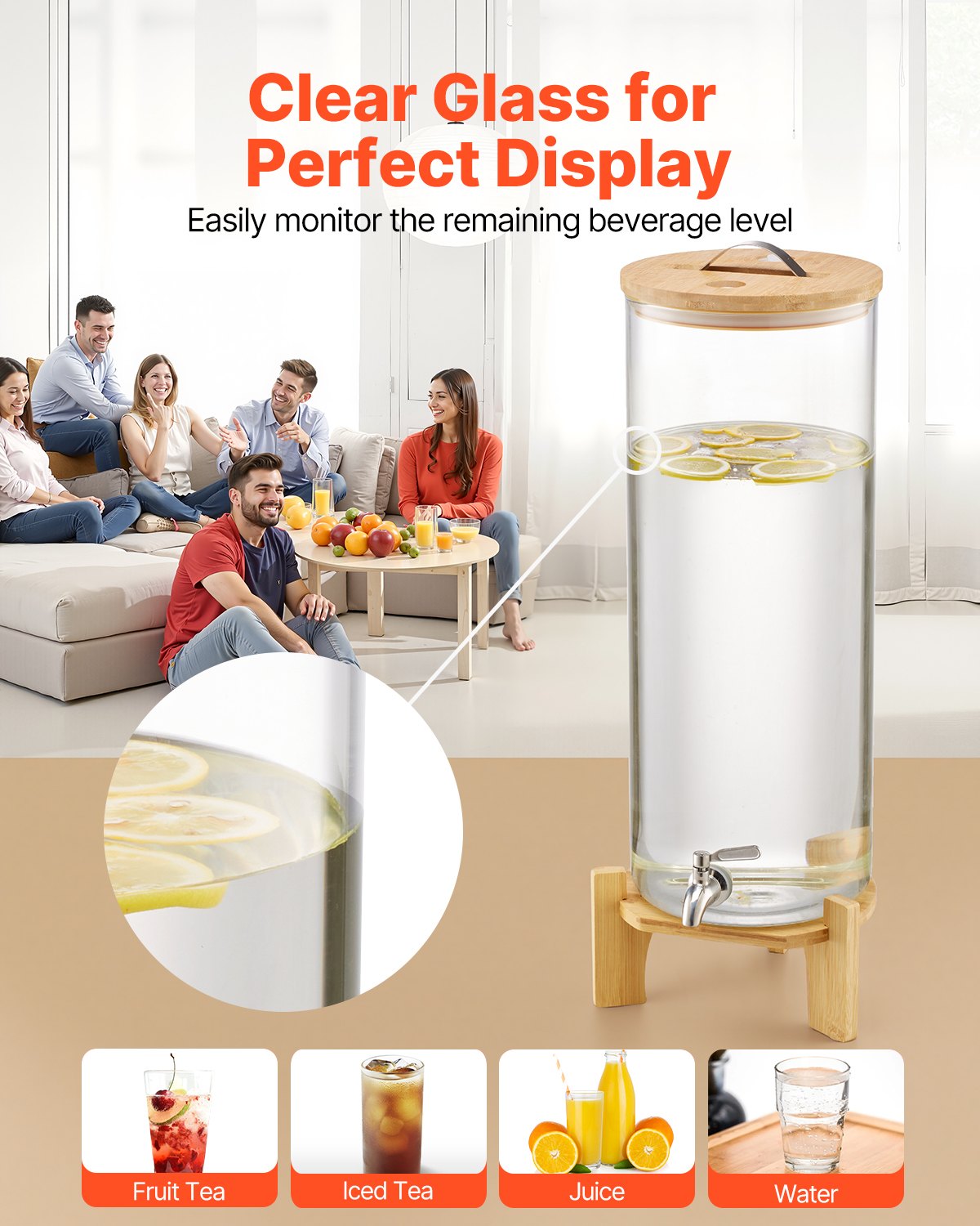VEVOR Beverage Dispenser, 13L Drink Dispensers for Parties, Glass Juice Dispenser with Wood Stand, Stainless Steel Spigot, Iced Tea Lemonade Juice Water Dispensers for Parties