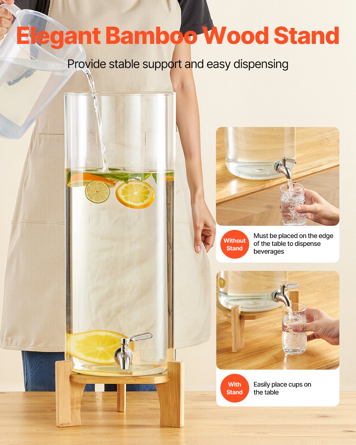 VEVOR Beverage Dispenser, 13L Drink Dispensers for Parties, Glass Juice Dispenser with Wood Stand, Stainless Steel Spigot, Iced Tea Lemonade Juice Water Dispensers for Parties