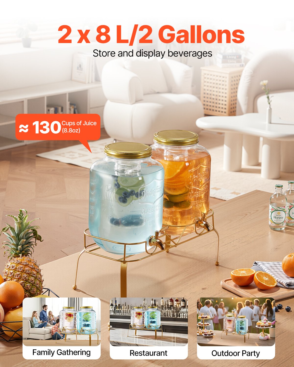 VEVOR Beverage Dispenser, 2 Pack 8L Drink Dispensers for Parties, Glass Juice Dispenser with Metal Stand, Stainless Steel Spigot, Infuser, Iced Tea Lemonade Juice Water Dispensers for Parties