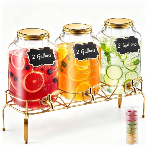 VEVOR Beverage Dispenser, 3 Pack 8L Drink Dispensers for Parties, Glass Juice Dispenser with Metal Stand, Stainless Steel Spigot, Infuser, Iced Tea Lemonade Juice Water Dispensers for Parties