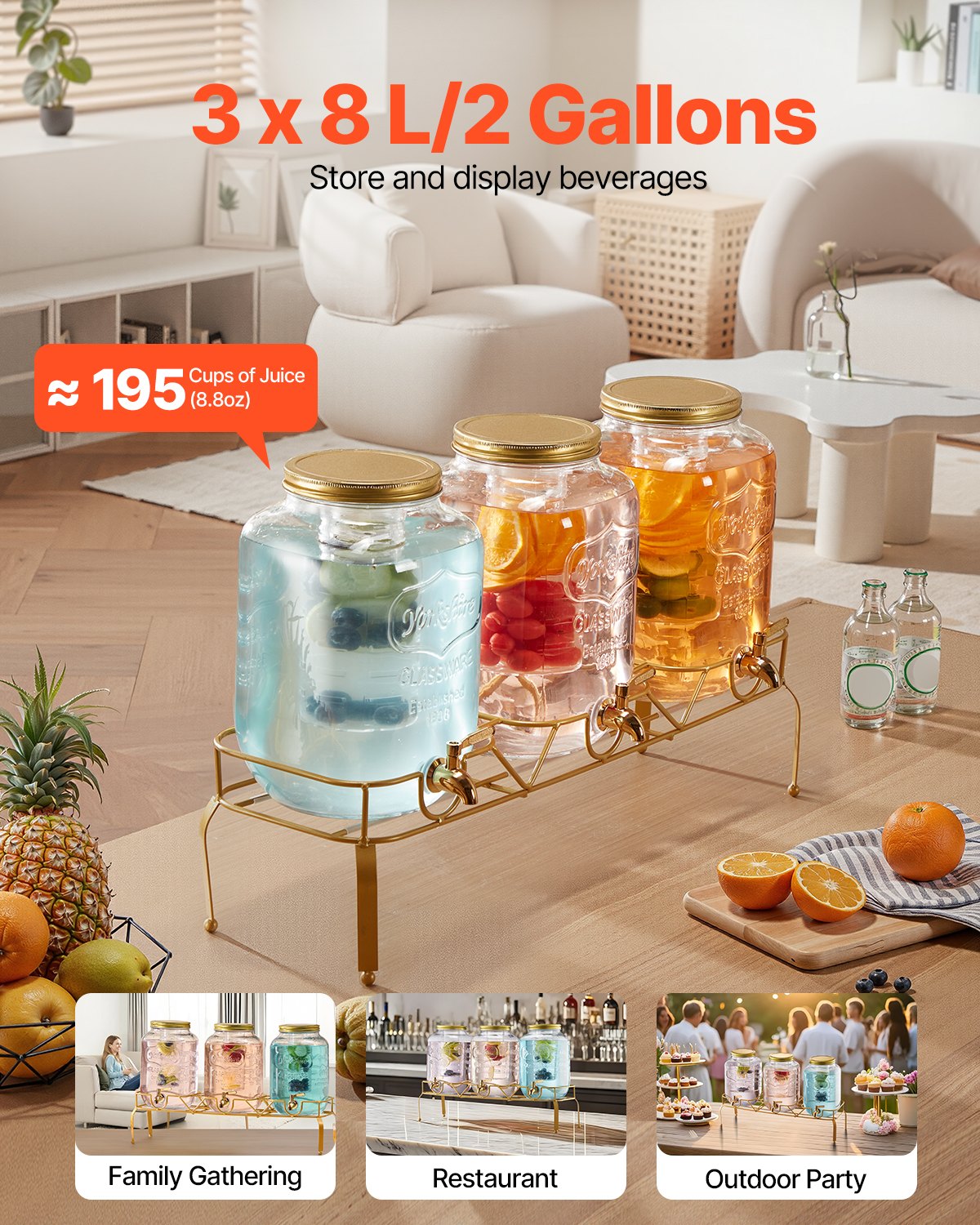 VEVOR Beverage Dispenser, 3 Pack 8L Drink Dispensers for Parties, Glass Juice Dispenser with Metal Stand, Stainless Steel Spigot, Infuser, Iced Tea Lemonade Juice Water Dispensers for Parties