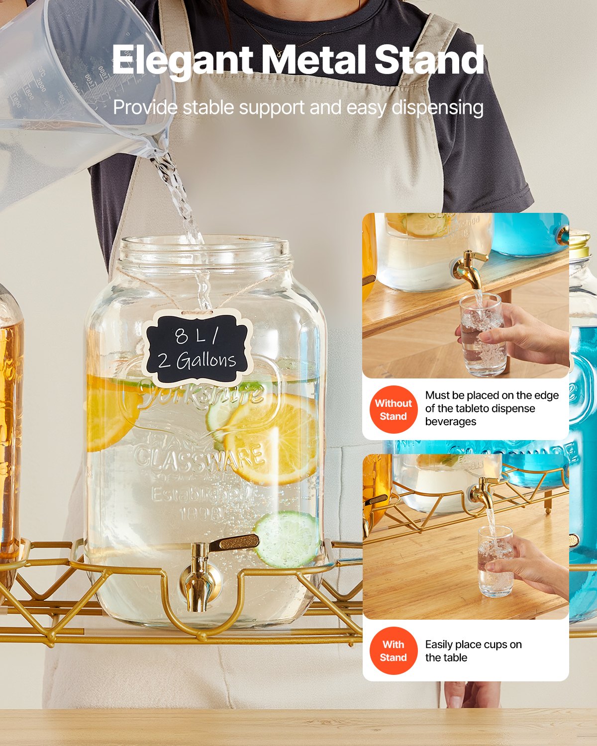 VEVOR Beverage Dispenser, 3 Pack 8L Drink Dispensers for Parties, Glass Juice Dispenser with Metal Stand, Stainless Steel Spigot, Infuser, Iced Tea Lemonade Juice Water Dispensers for Parties