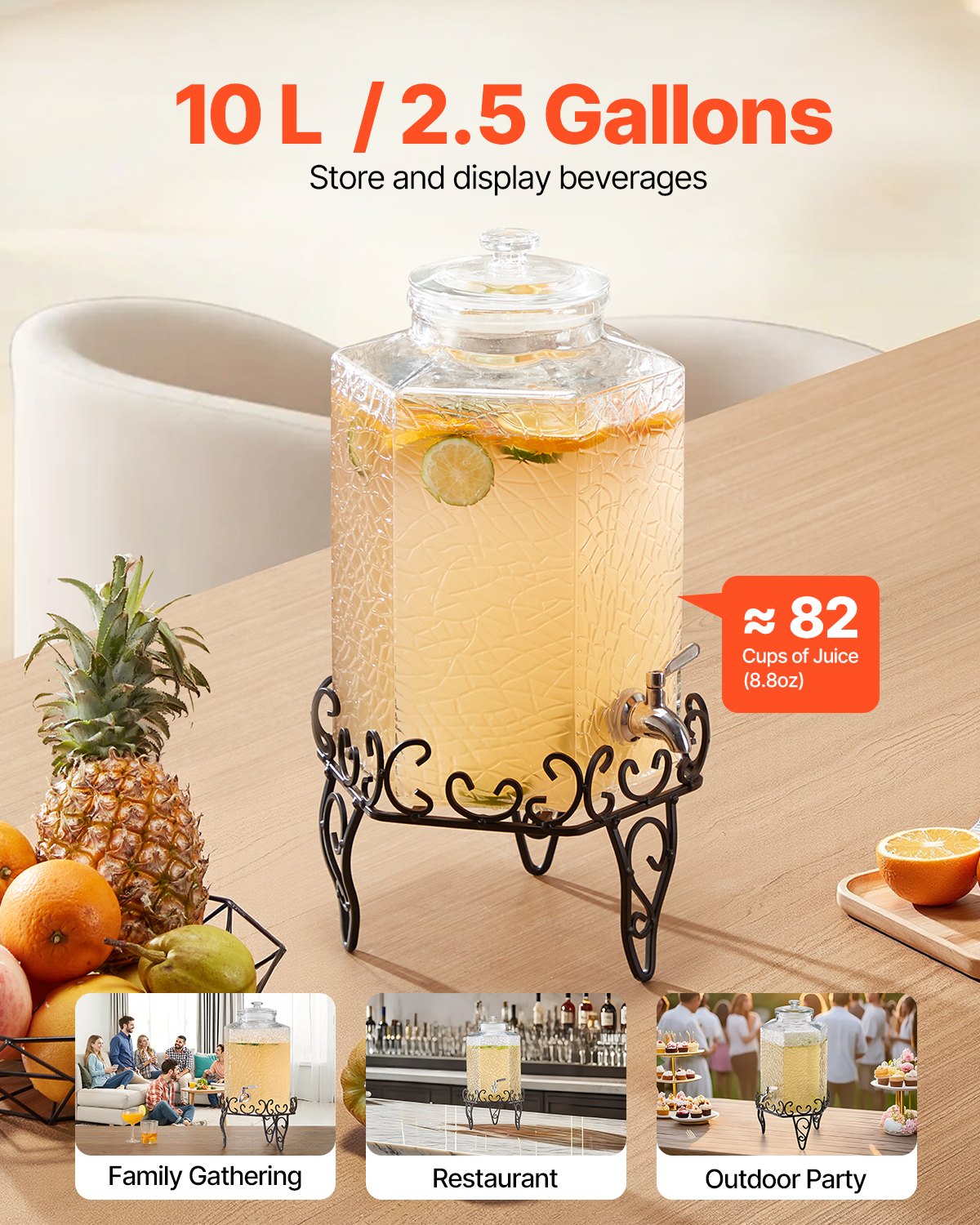 VEVOR Beverage Dispenser, 10L Drink Dispensers for Parties, Glass Juice Dispenser with Metal Stand, Stainless Steel Spigot, Iced Tea Lemonade Juice Water Dispensers for Parties